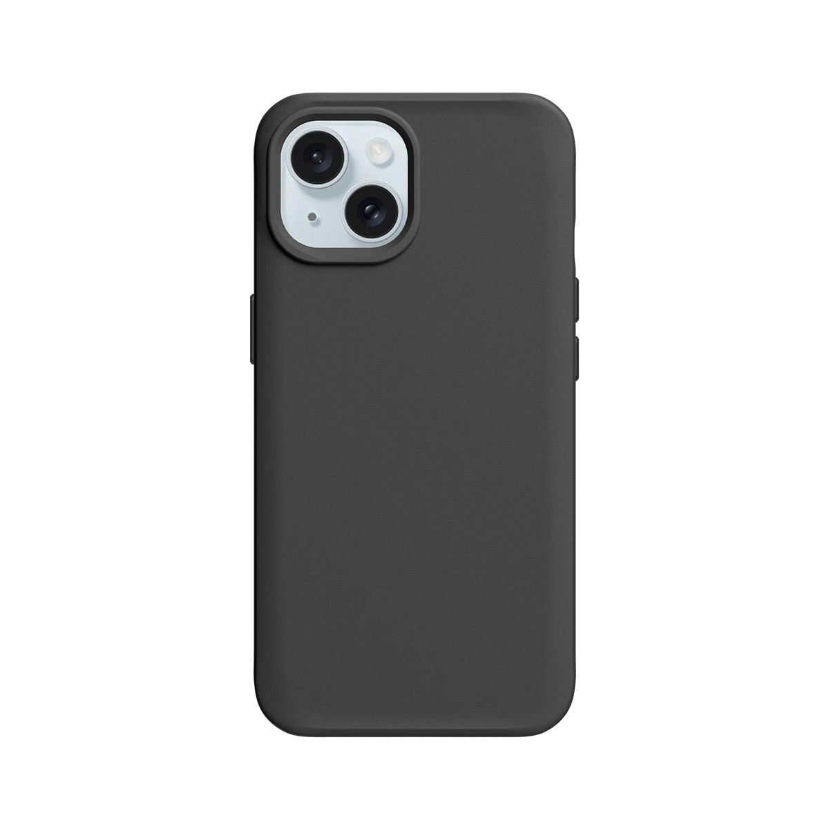 Coque noire pour iPhone avec deux caméras sur fond blanc.