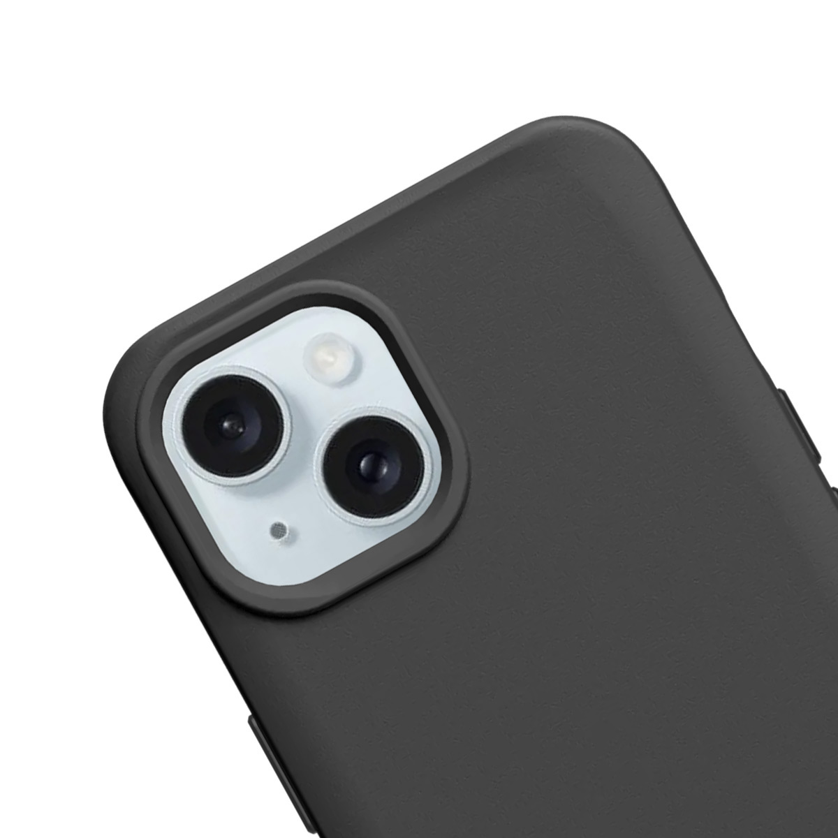 Gros plan d'un étui de téléphone noir montrant son double objectif et son flash.