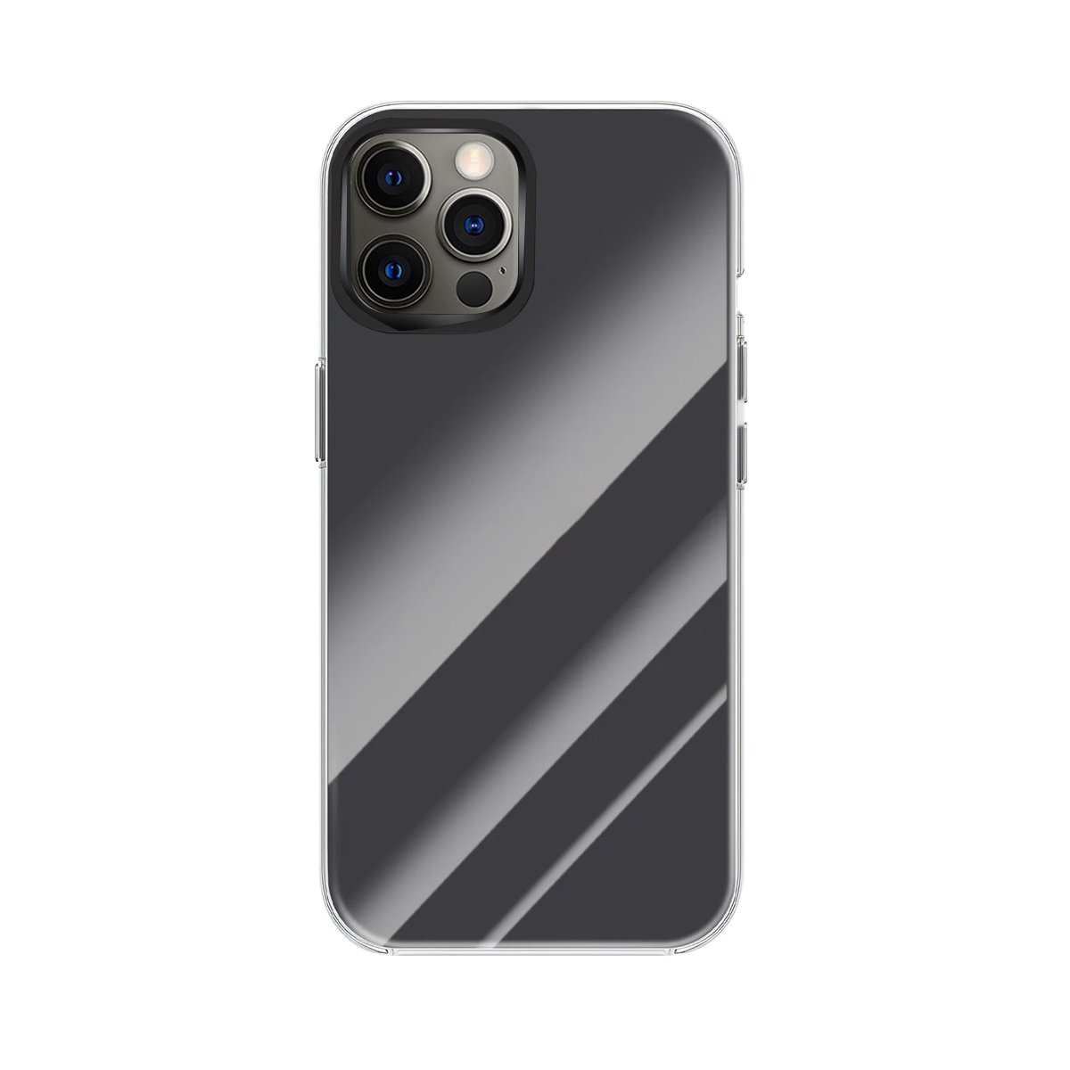 Coque de téléphone transparente avec quadruple appareil photo sur fond blanc.