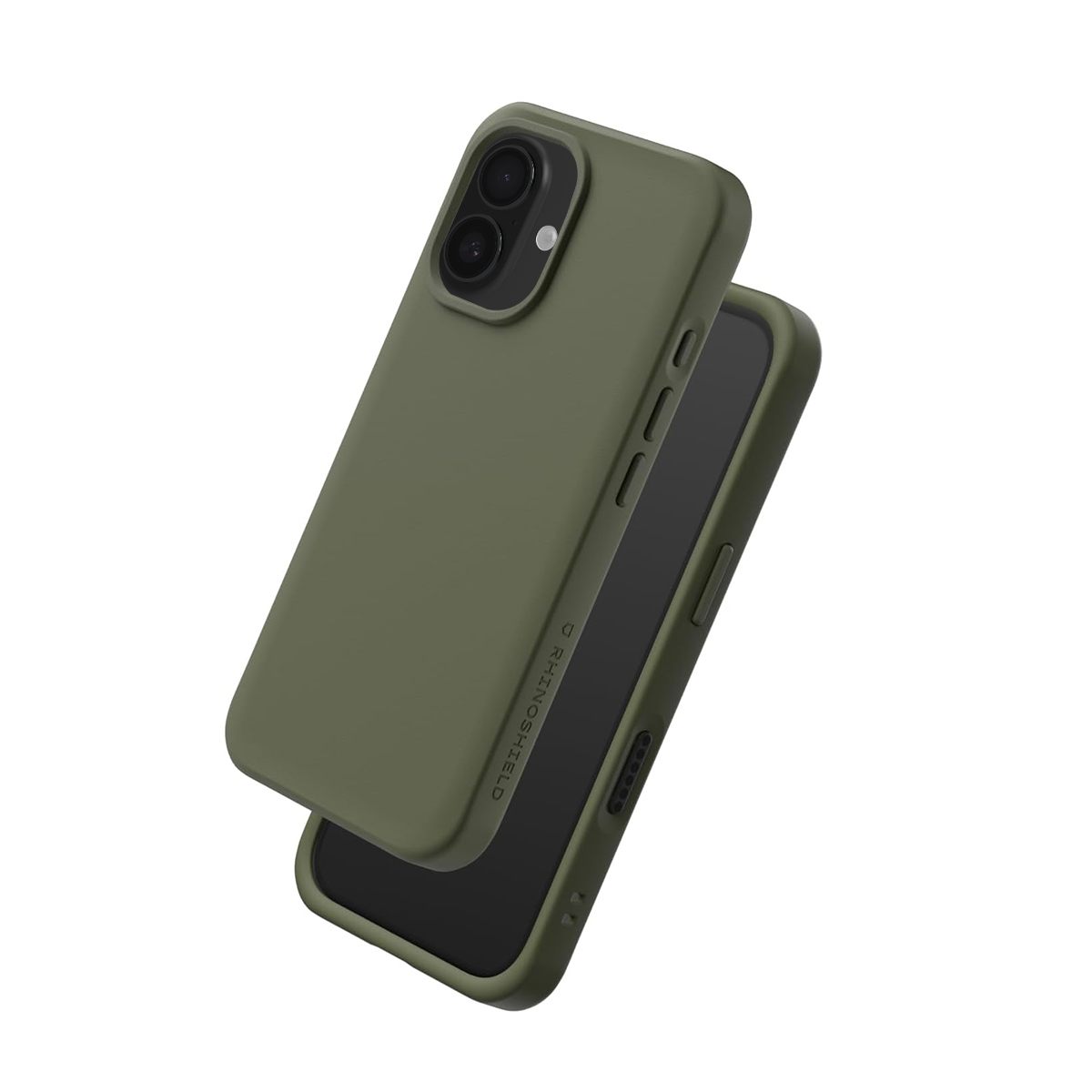 Un téléphone vert olive avec un étui noir et un appareil photo sur fond blanc.