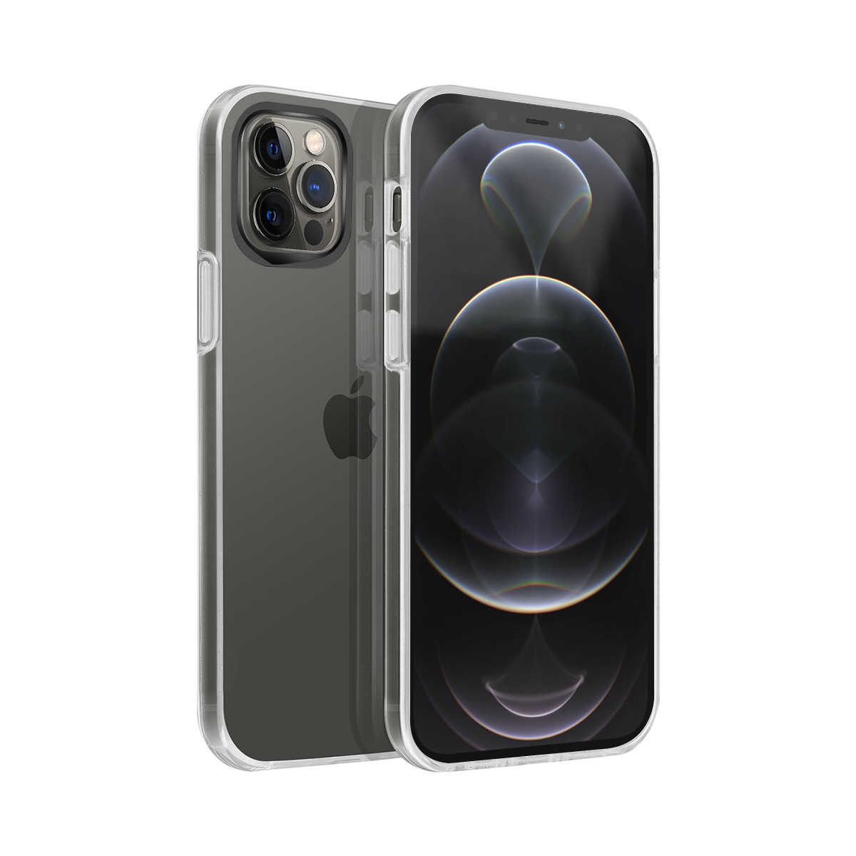 Deux iPhones dans des coques transparentes, l'un montrant le dos, l'autre le devant.