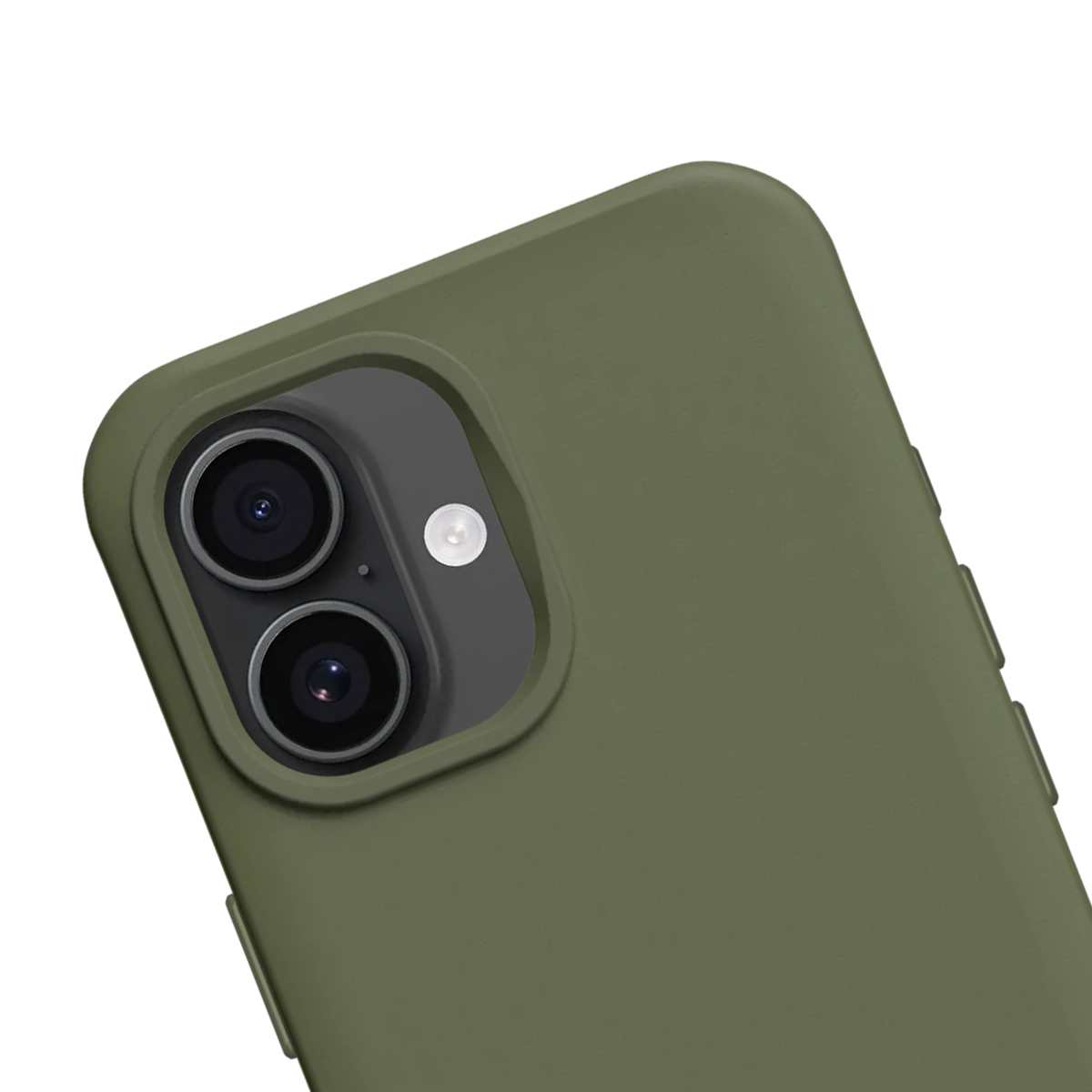 Gros plan d'une coque de téléphone vert foncé montrant un double objectif et un flash.