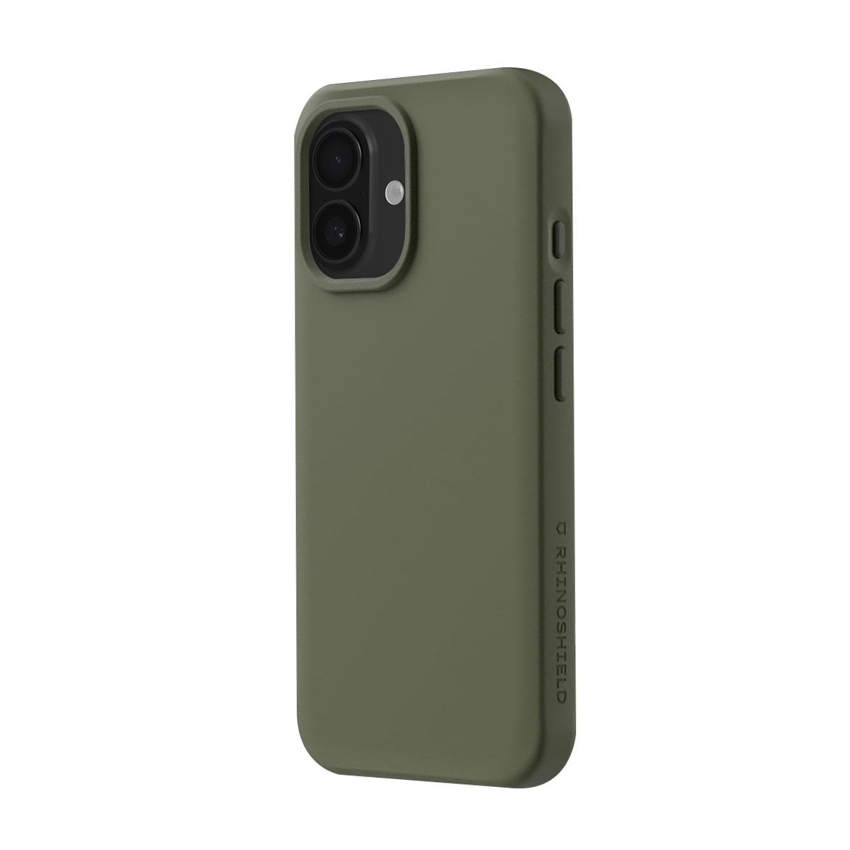 Une coque de téléphone vert olive avec module caméra et logo.