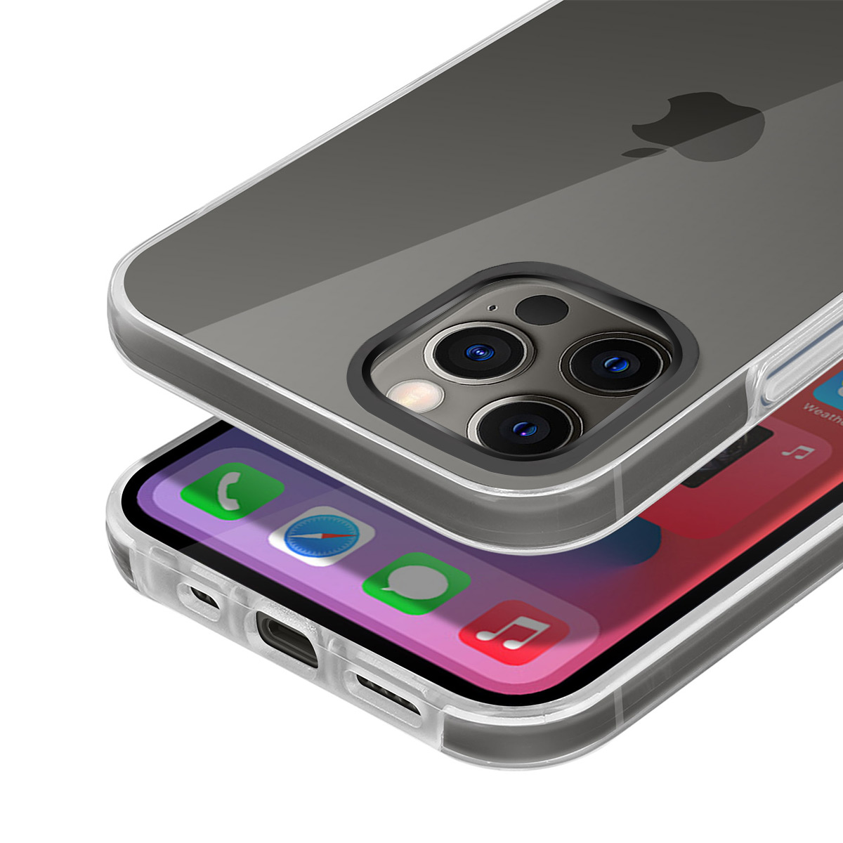 Une coque de téléphone transparente sur un iPhone à trois caméras.