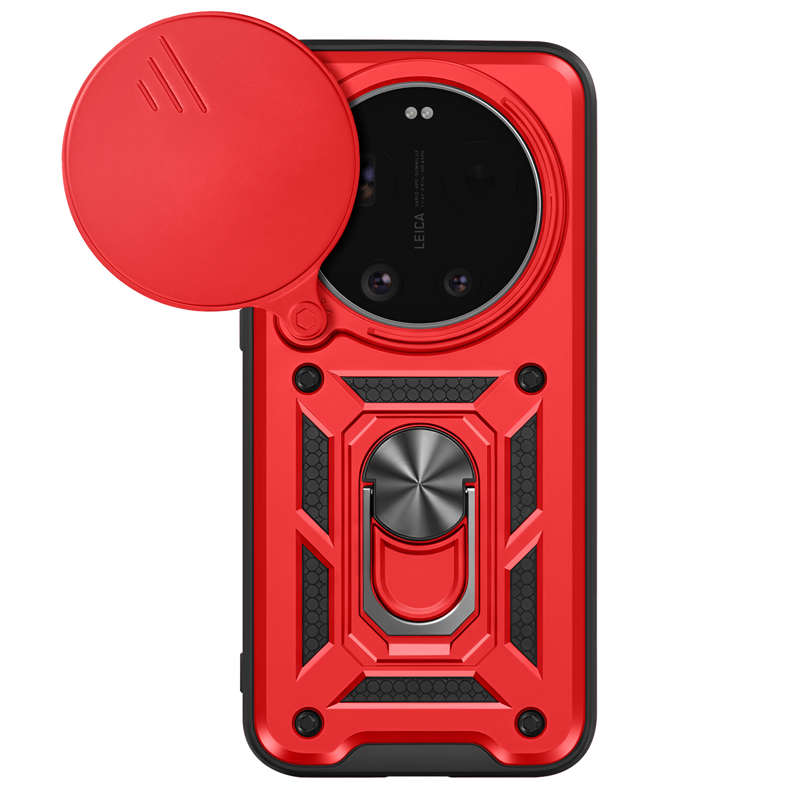 Une coque de téléphone rouge avec cache-objectif et anneau.