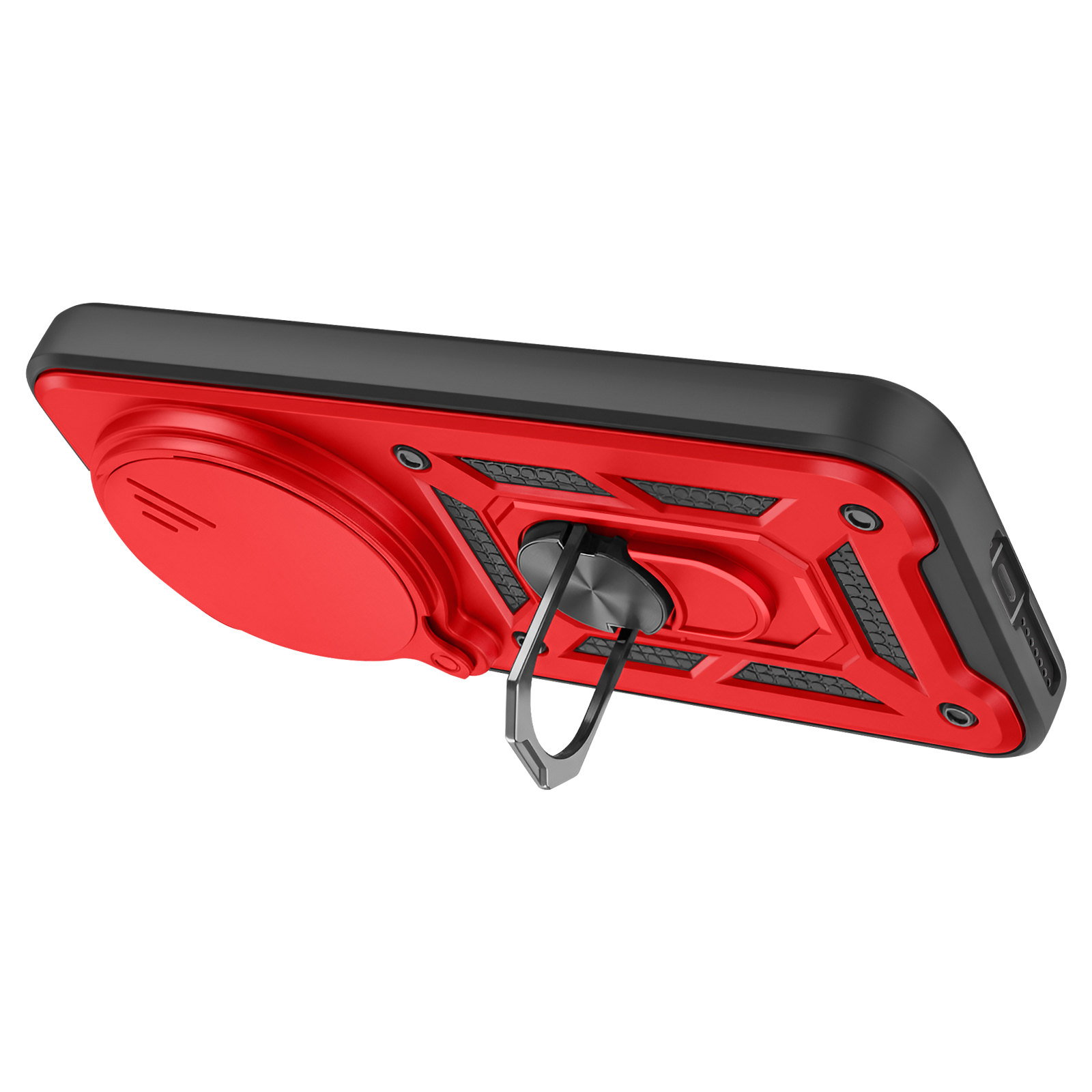 Coque de téléphone rouge avec bordure noire et support bague. Sur fond blanc.