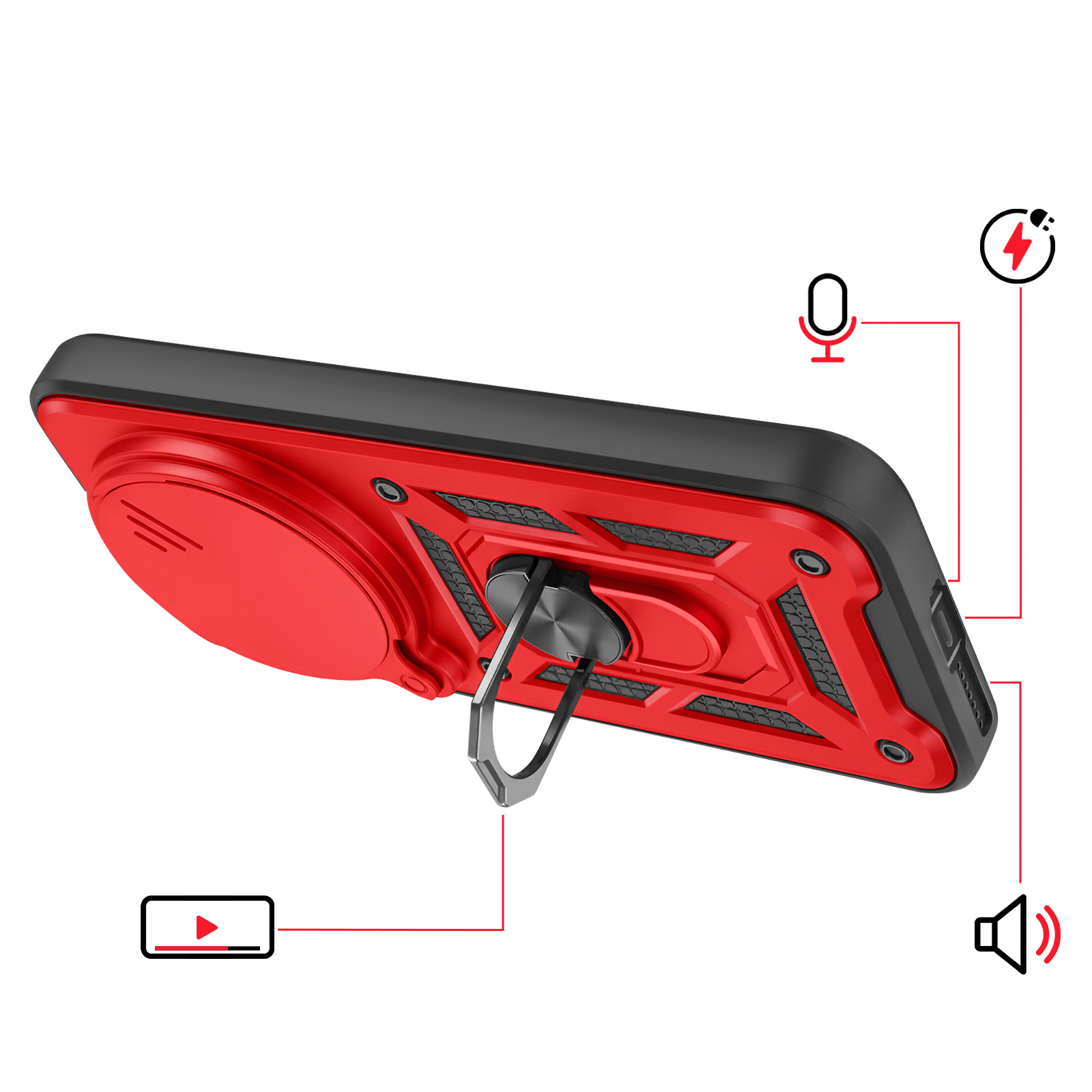 Coque de téléphone rouge avec support anneau et icônes micro, haut-parleur et batterie.