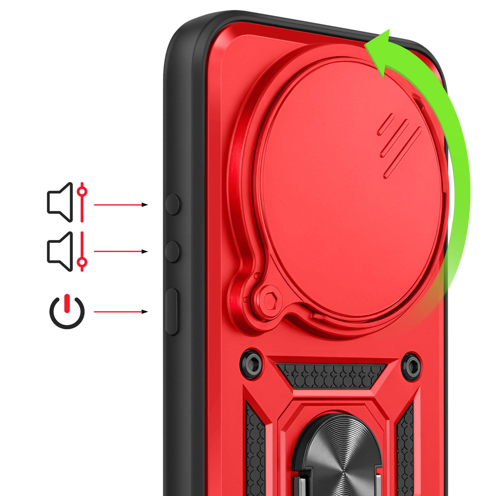Coque de téléphone rouge avec icônes volume et marche/arrêt.