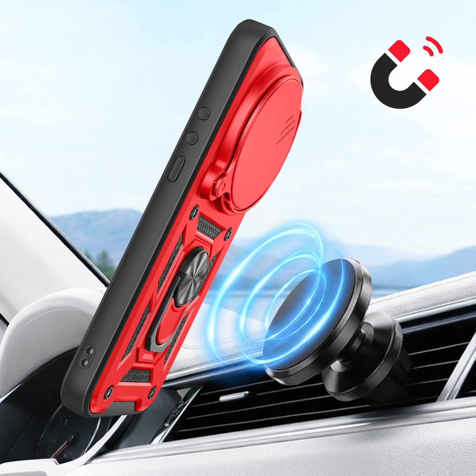 Coque de téléphone rouge avec support magnétique de voiture et anneau, ciel bleu.