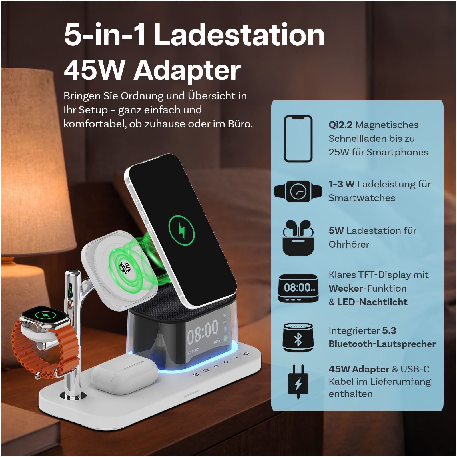 5-in-1 Ladestation mit Uhr, Lautsprecher und Ladeplätzen für Handy, Uhr, Ohrhörer.