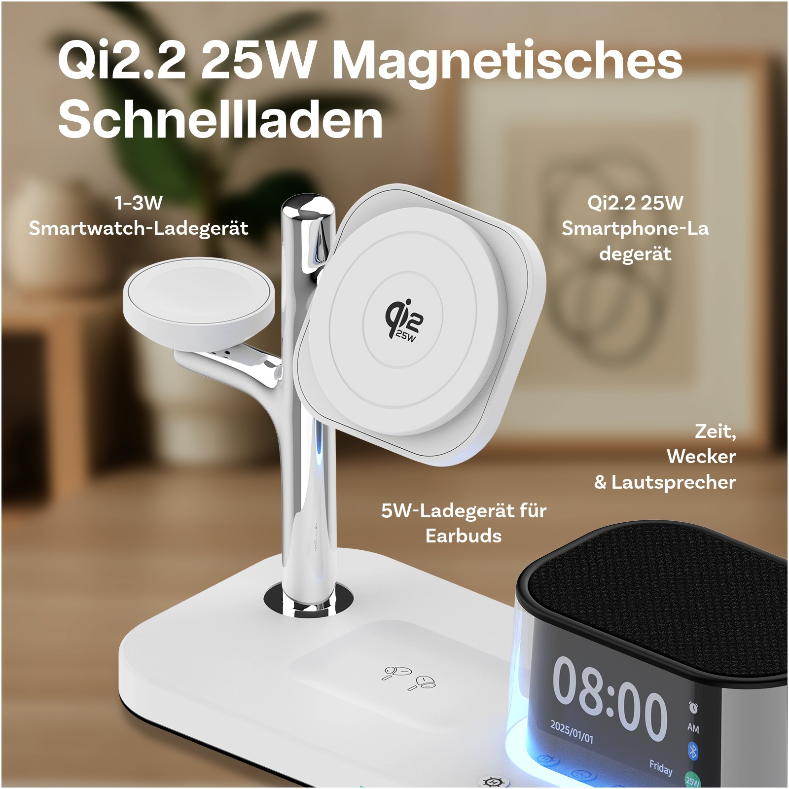 Ein weißes Qi2.2 25W Ladegerät für Smartphone, Uhr & Ohrhörer mit Wecker.