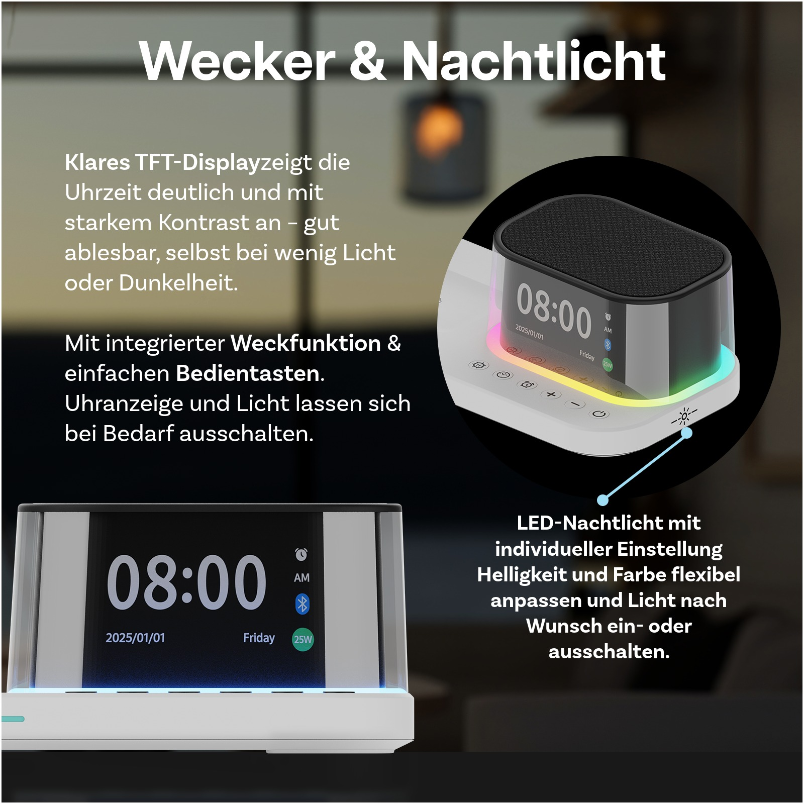Digitaluhr mit Weckfunktion und farbigem LED-Nachtlicht. Zeigt Zeit, Datum, Wecker.