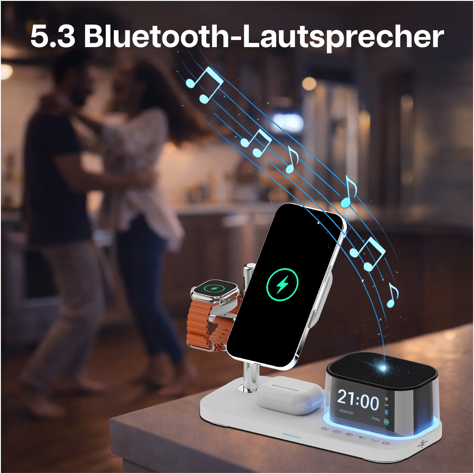 Ein Paar tanzt, während ein kabelloses Ladegerät einen Lautsprecher, ein Handy, Kopfhörer und eine Uhr anzeigt.