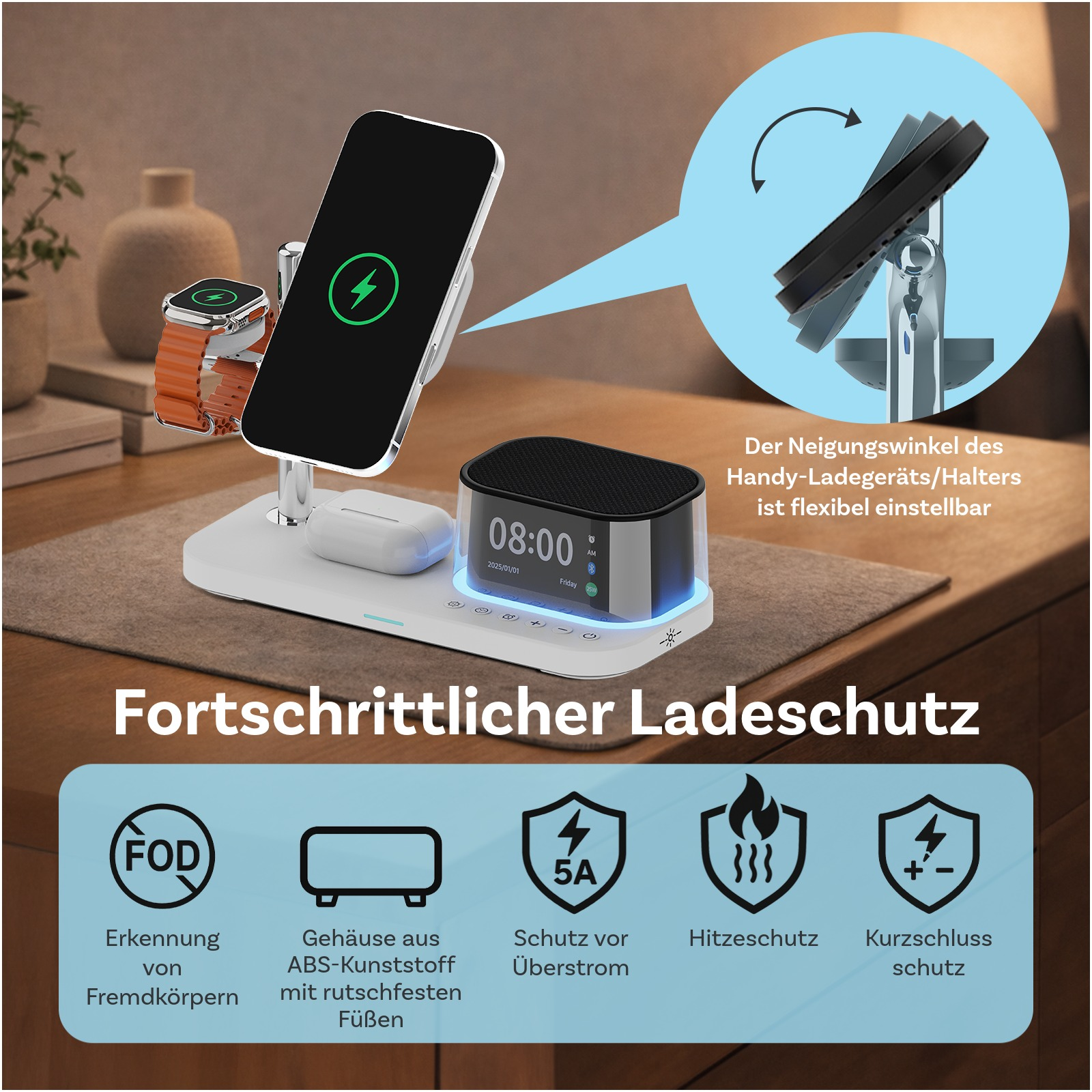 Ein weißes Ladegerät mit Handy, Uhr, Kopfhörern und Wecker.