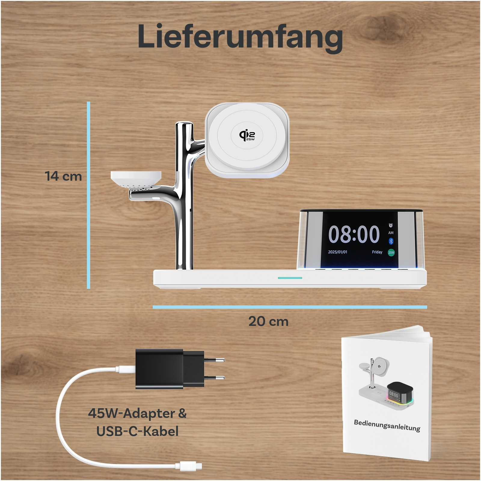 Lieferumfang: Ladestation, 45W-Adapter & USB-C-Kabel, Anleitung.
