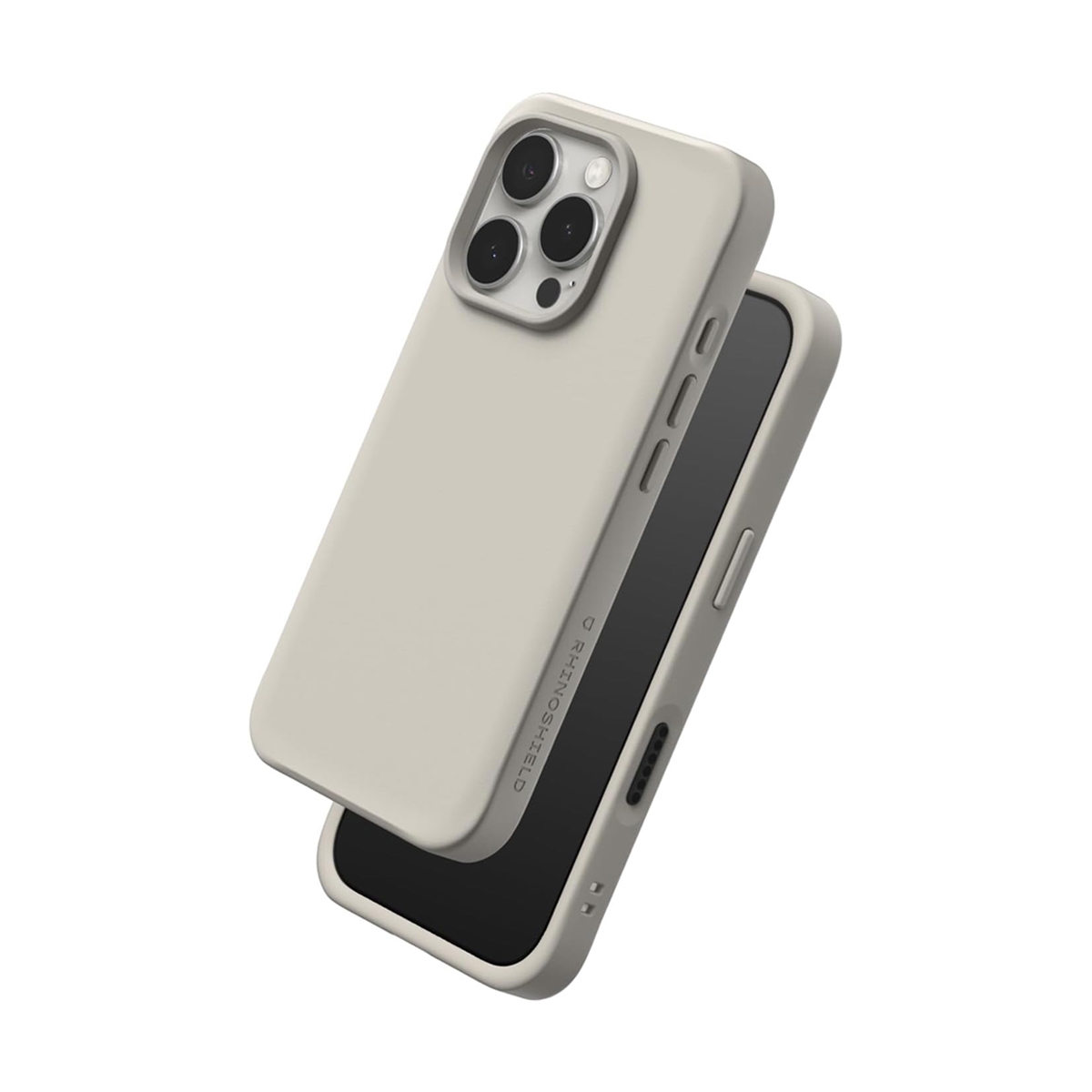 Een effen beige telefoonhoes met een drievoudige camera-opstelling.