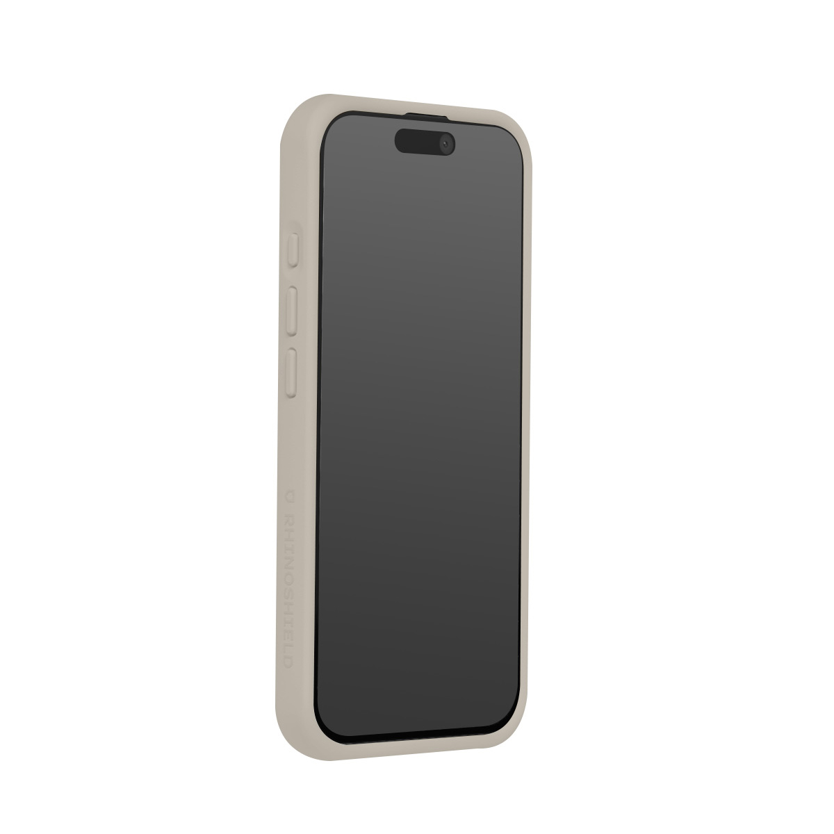 Een licht beige telefoon in een beschermhoes, met donker scherm en camera.