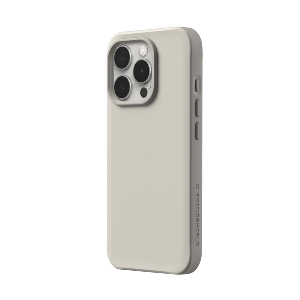Een lichtgrijze telefoonhoes met drie cameralenzen en zijknopjes.