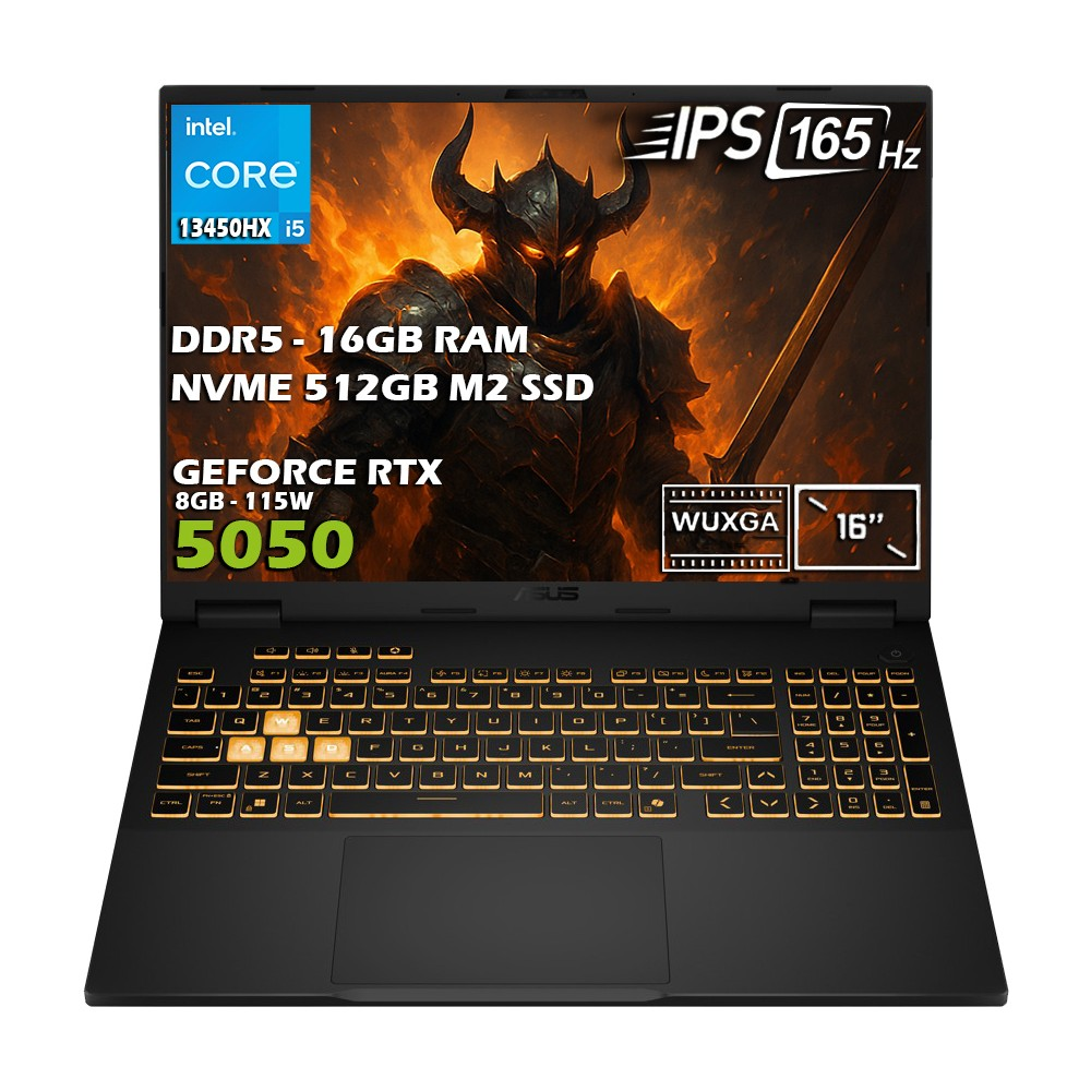 Intel Core i5 CPU, 16 GB RAM, 512 GB SSD ve RTX 5050 GPU'lu siyah bir dizüstü bilgisayar.