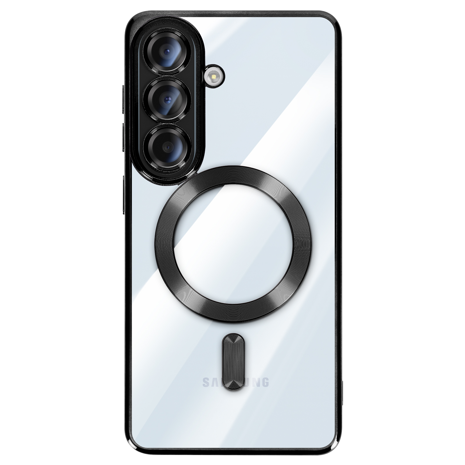 Een doorzichtige telefoonhoes met drie camera's en een magnetische ring.