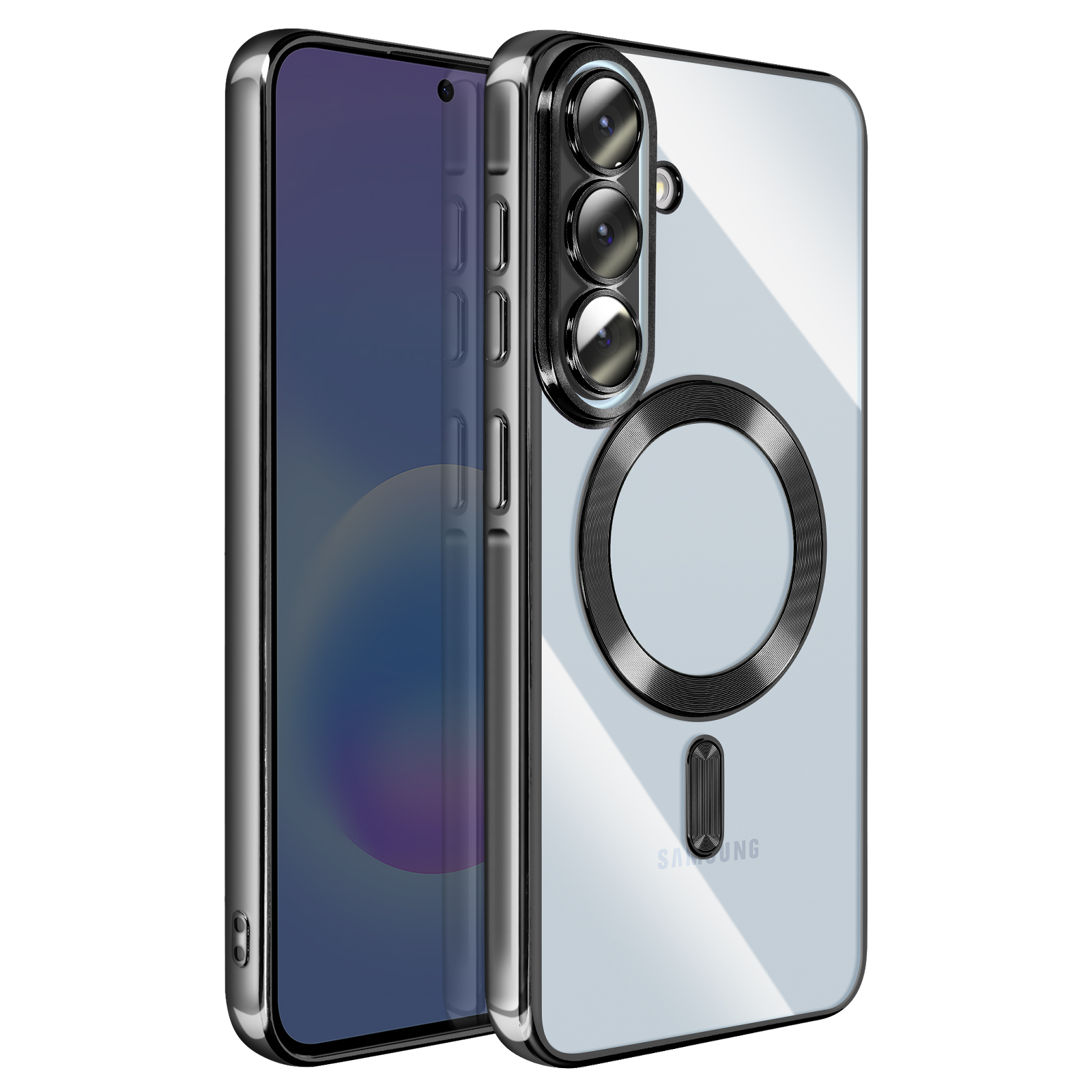 Een doorzichtige telefoonhoes met een zilveren frame en cameralenzen.