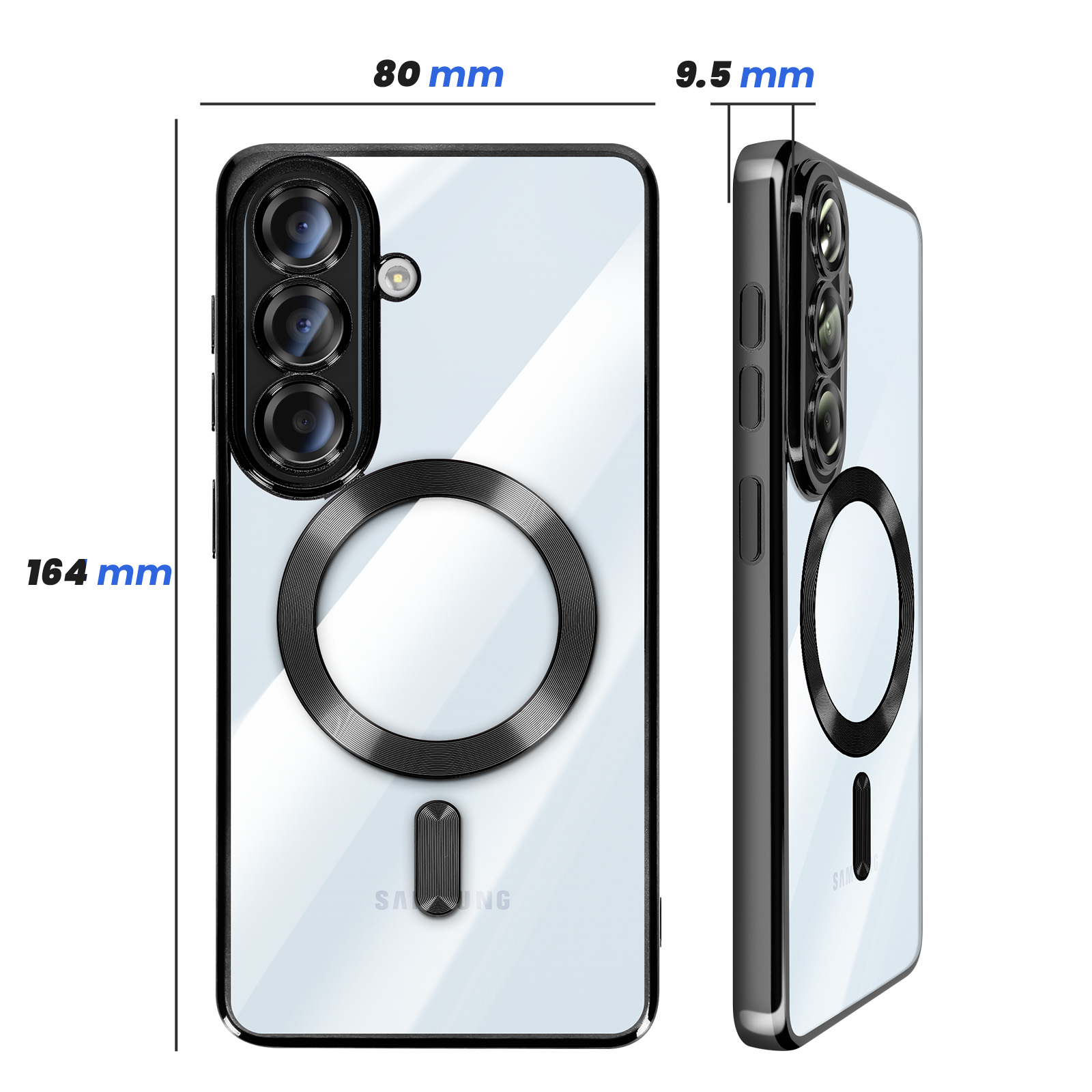 Een doorzichtige telefoonhoes met drievoudige camera's, magnetische ring en afmetingen.