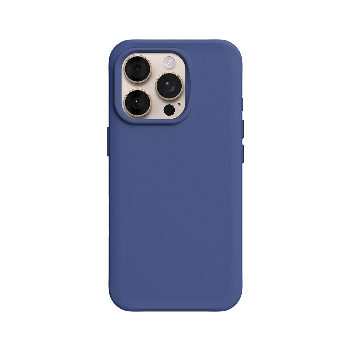 Donkerblauwe telefoonhoes met drie cameralenzen en flitser aan de achterkant.