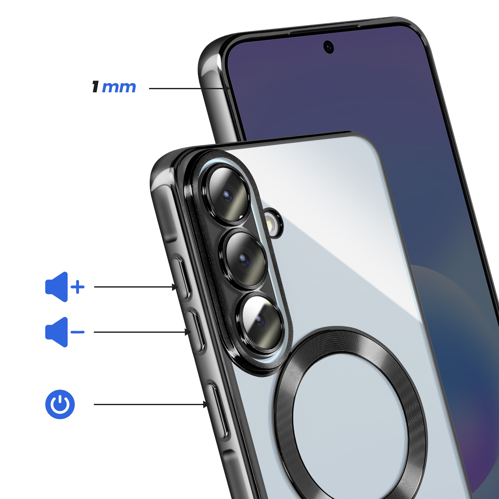 Close-up van een doorzichtige telefoonhoes met camera, volume en aan/uit-knoppen. 1 mm rand.