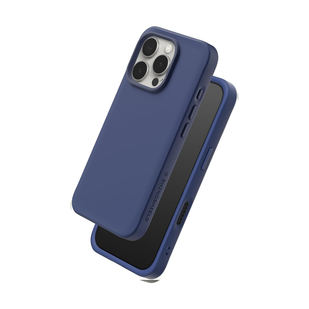 Donkerblauwe telefoonhoes over een smartphone met camerasysteem.
