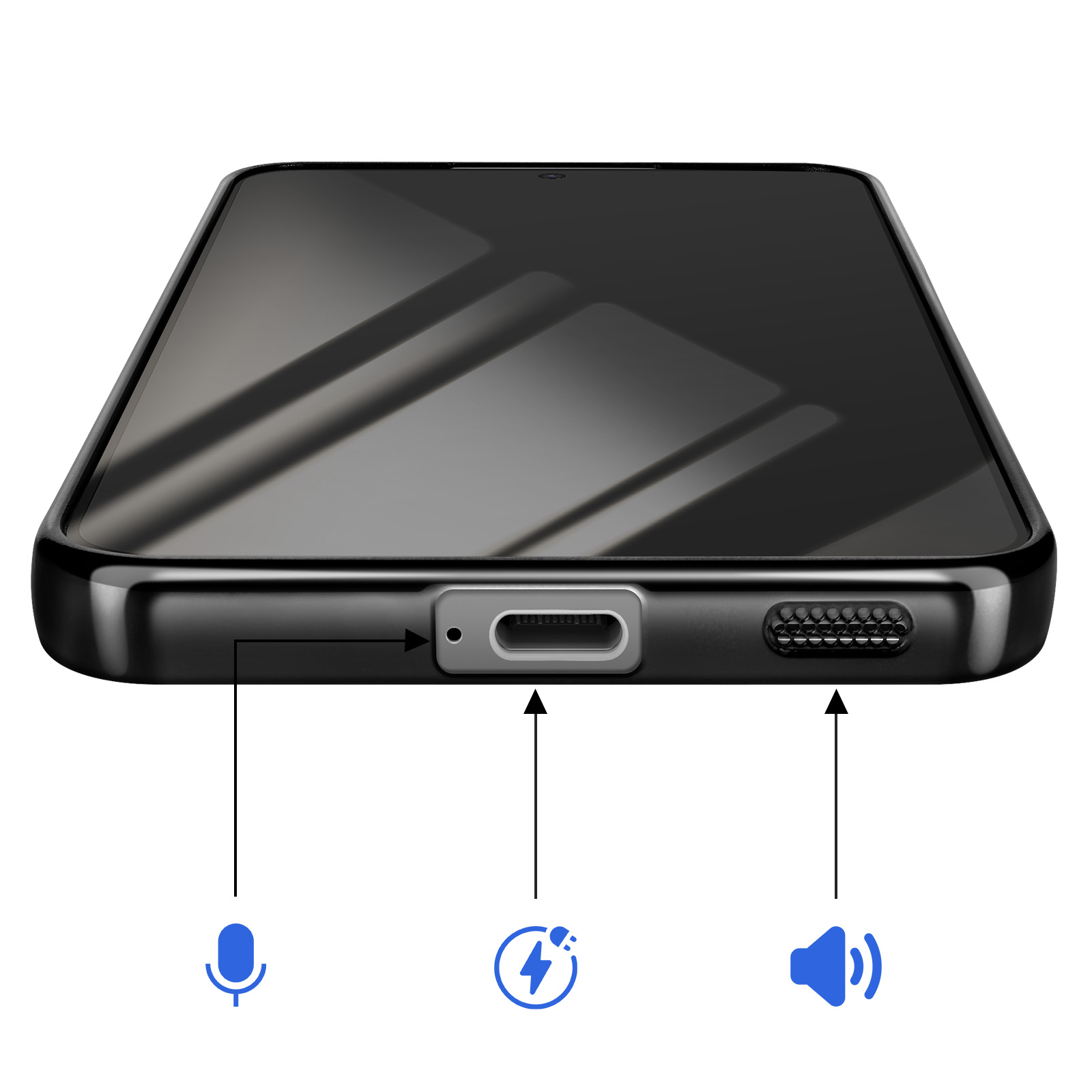 Een zwarte smartphone met oplaadpoort, microfoon en luidspreker iconen en poorten.