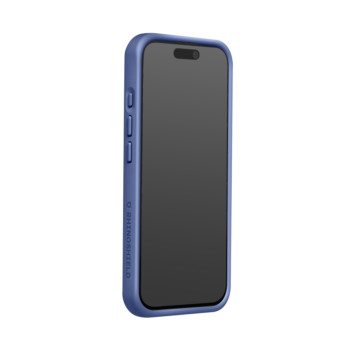 Een blauwe telefoonhoes met zwart scherm en logo aan de zijkant.