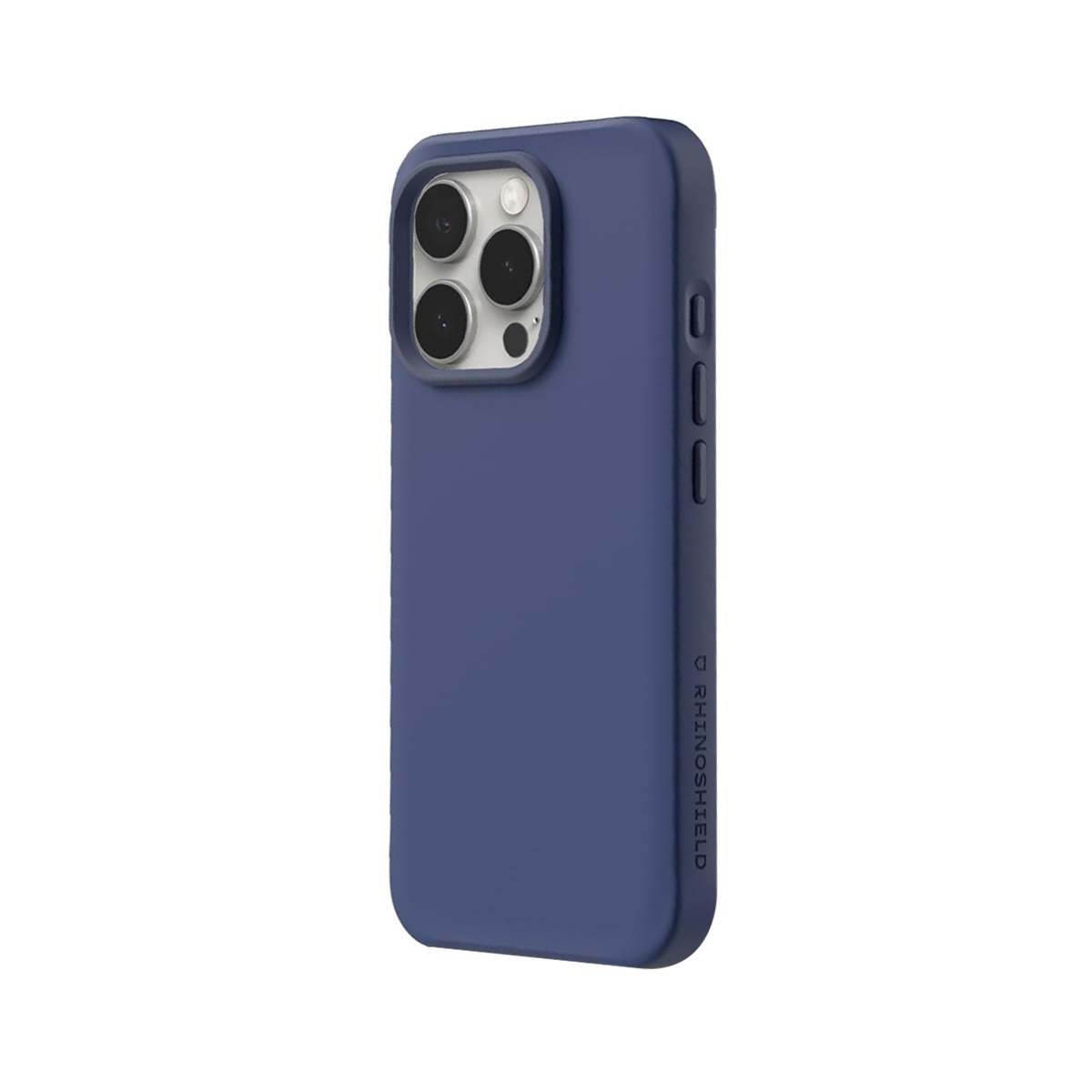 Donkerblauwe telefoonhoes met camera-eiland en knoppen.