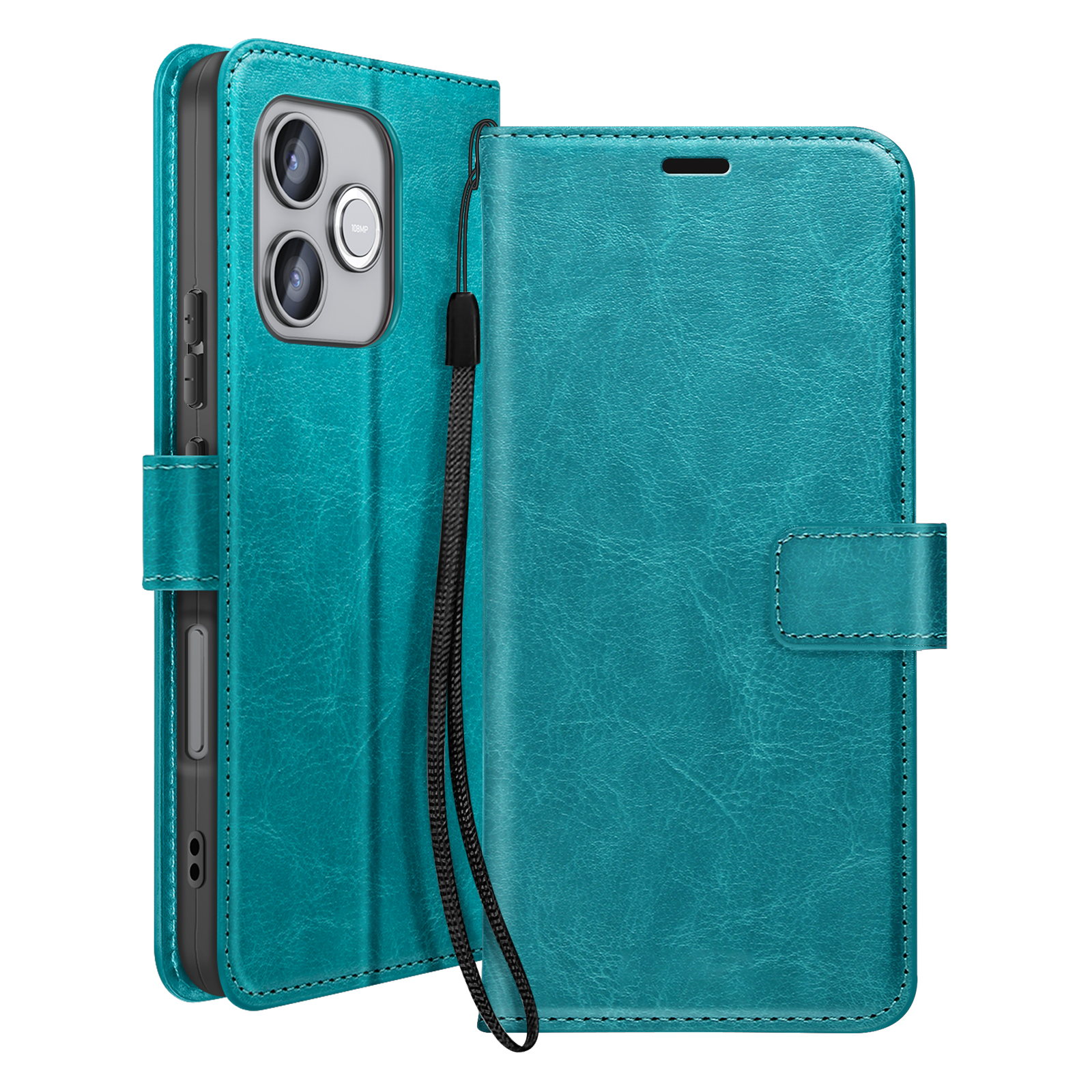 Étui de téléphone turquoise avec protection caméra et dragonne, ouvert.