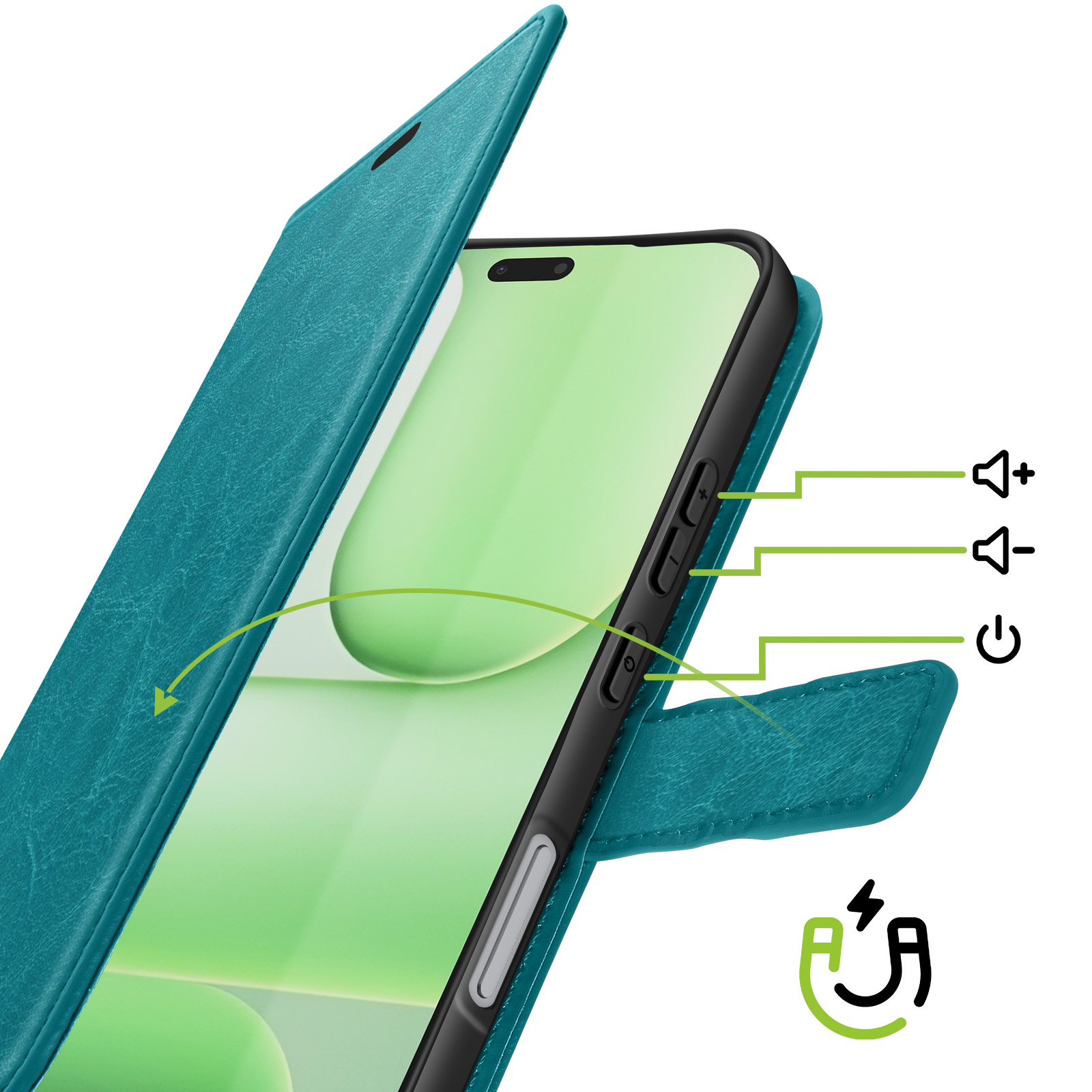Étui à rabat turquoise pour téléphone ouvert, montre les boutons du téléphone et les icônes de volume, d'alimentation et de charge magnétique.