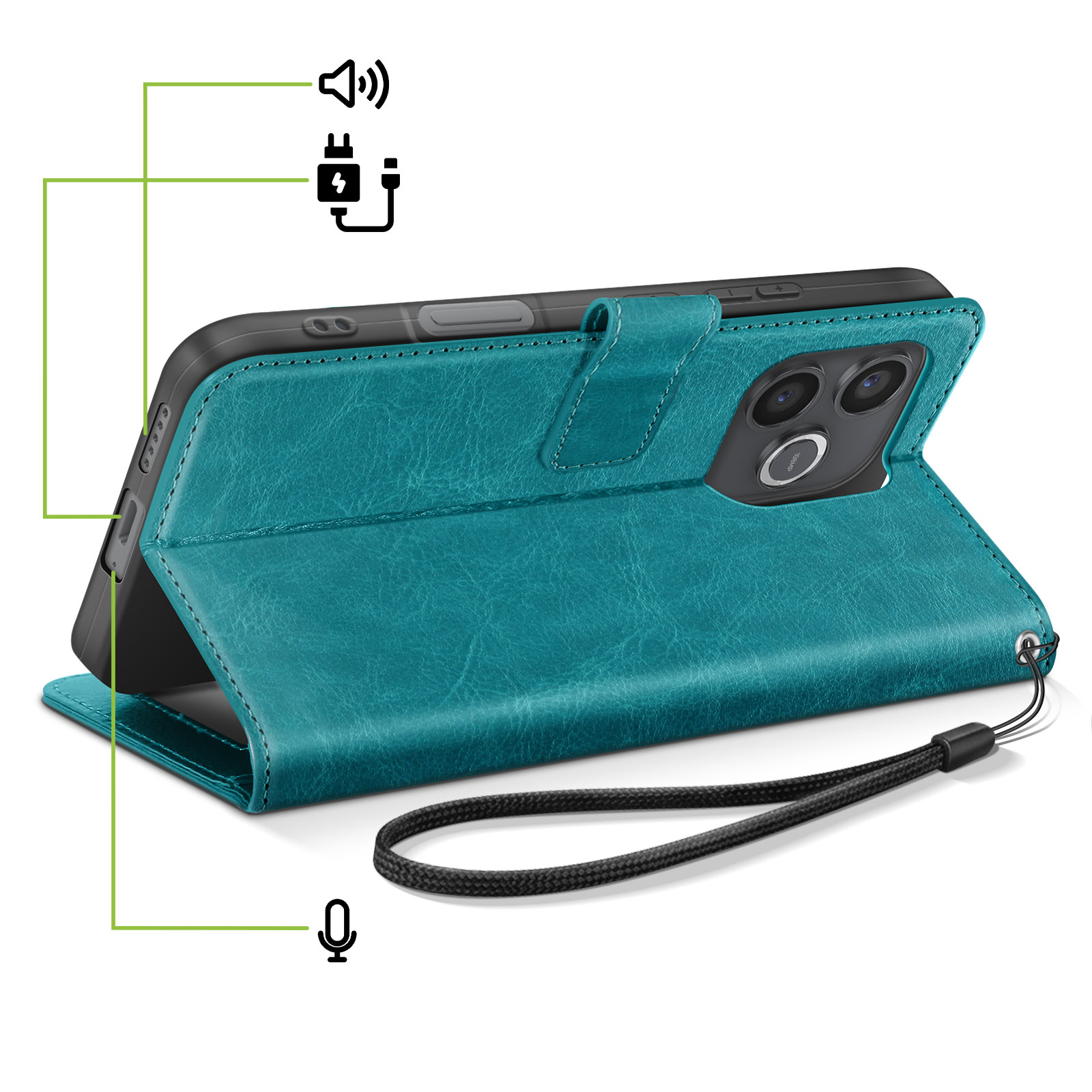Une housse de téléphone à rabat bleu sarcelle avec lanière et icônes haut-parleur, chargeur et microphone.