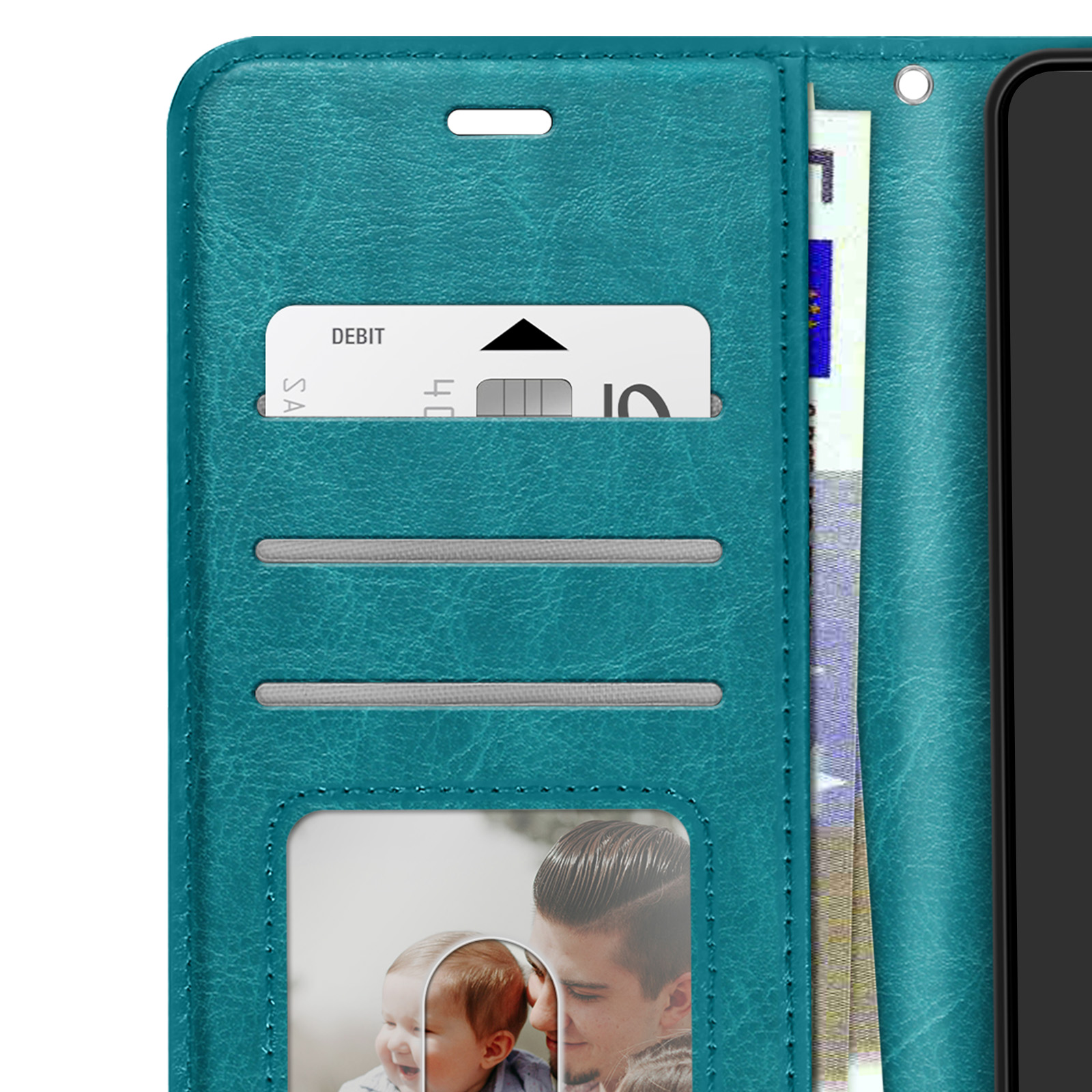 Étui de téléphone turquoise avec fentes pour cartes, billets et une photo.