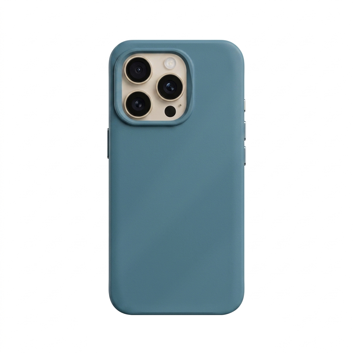Een blauwgroene telefoonhoes met drie cameralenzen en een flitser.