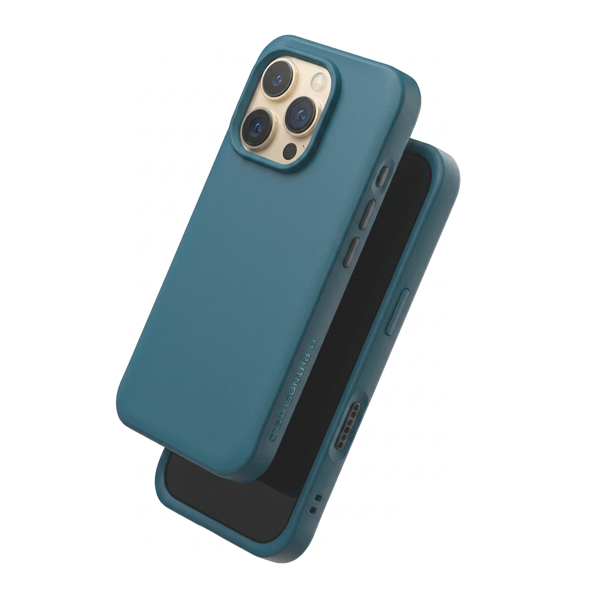 Een groenblauwe telefoonhoes met drie camera's op witte achtergrond.