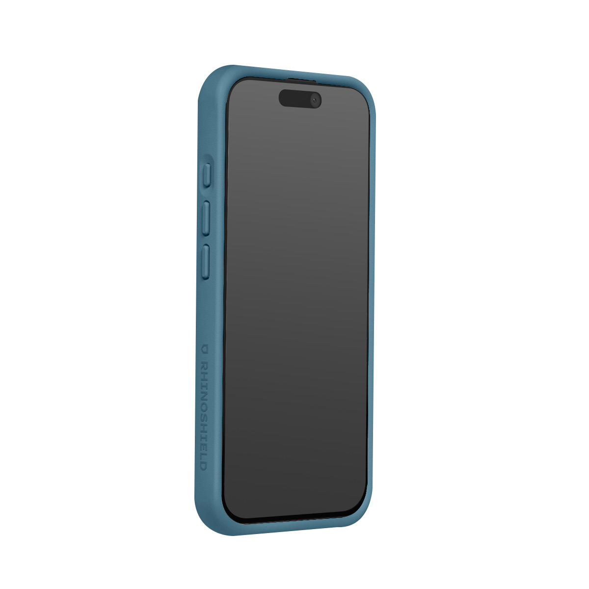 Een blauwe telefoonhoes met een donker scherm en een inkeping.