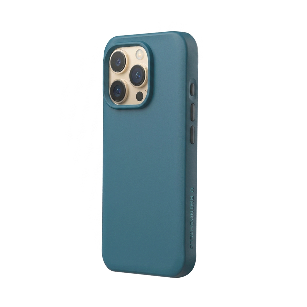 Een blauwe telefoonhoes met drie cameralenzen is afgebeeld tegen een witte achtergrond.