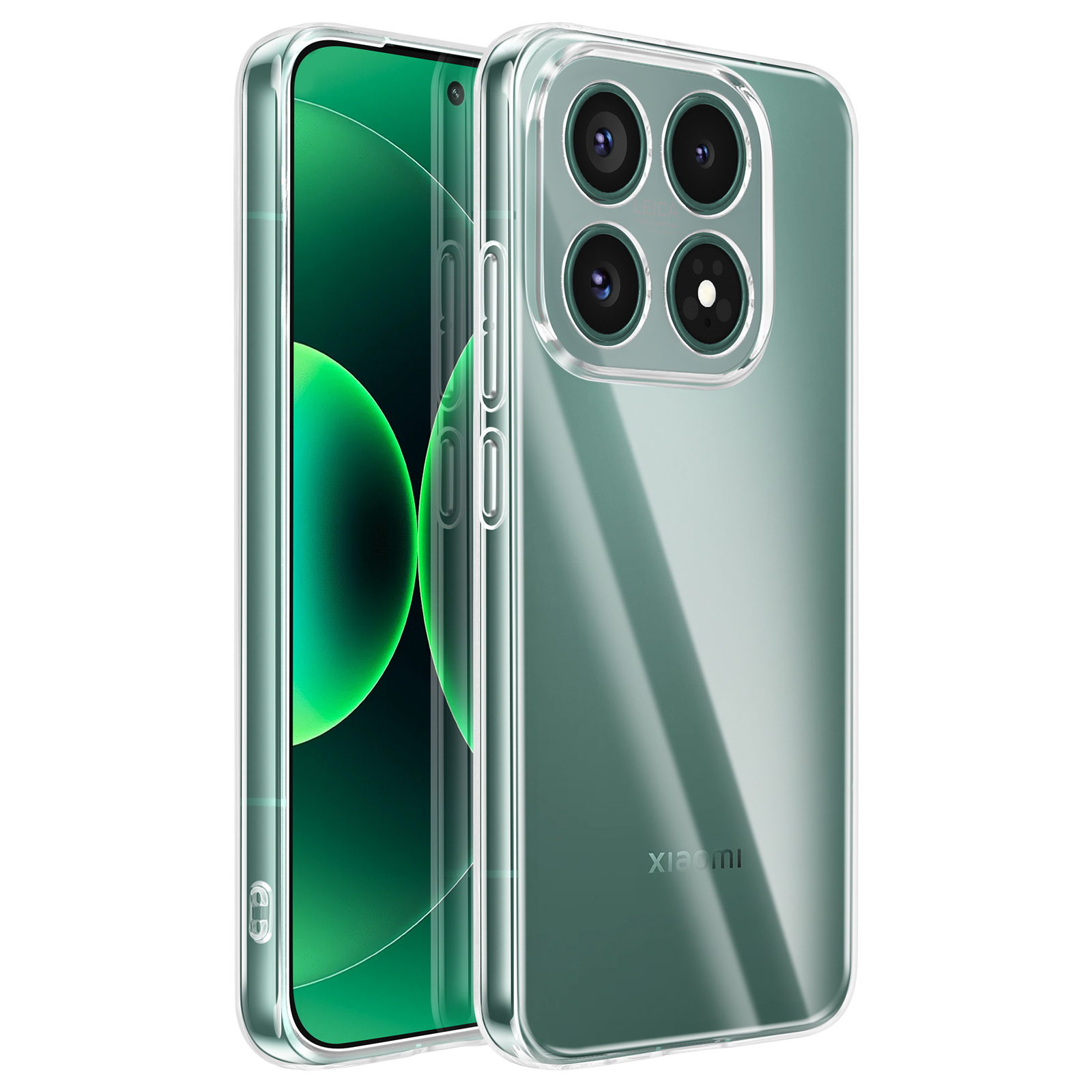 Una custodia trasparente per telefono con quattro obiettivi e schermo verde.