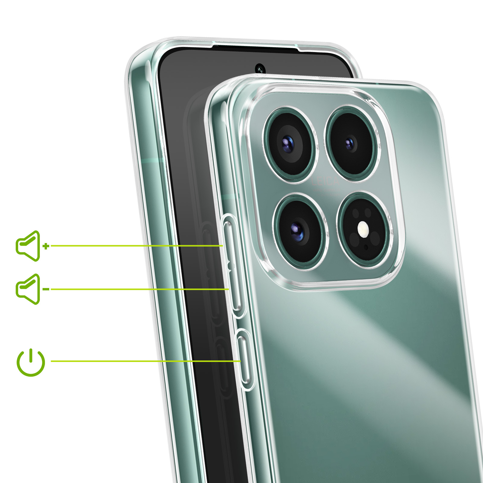 Una cover trasparente per telefono su un telefono con quattro fotocamere.