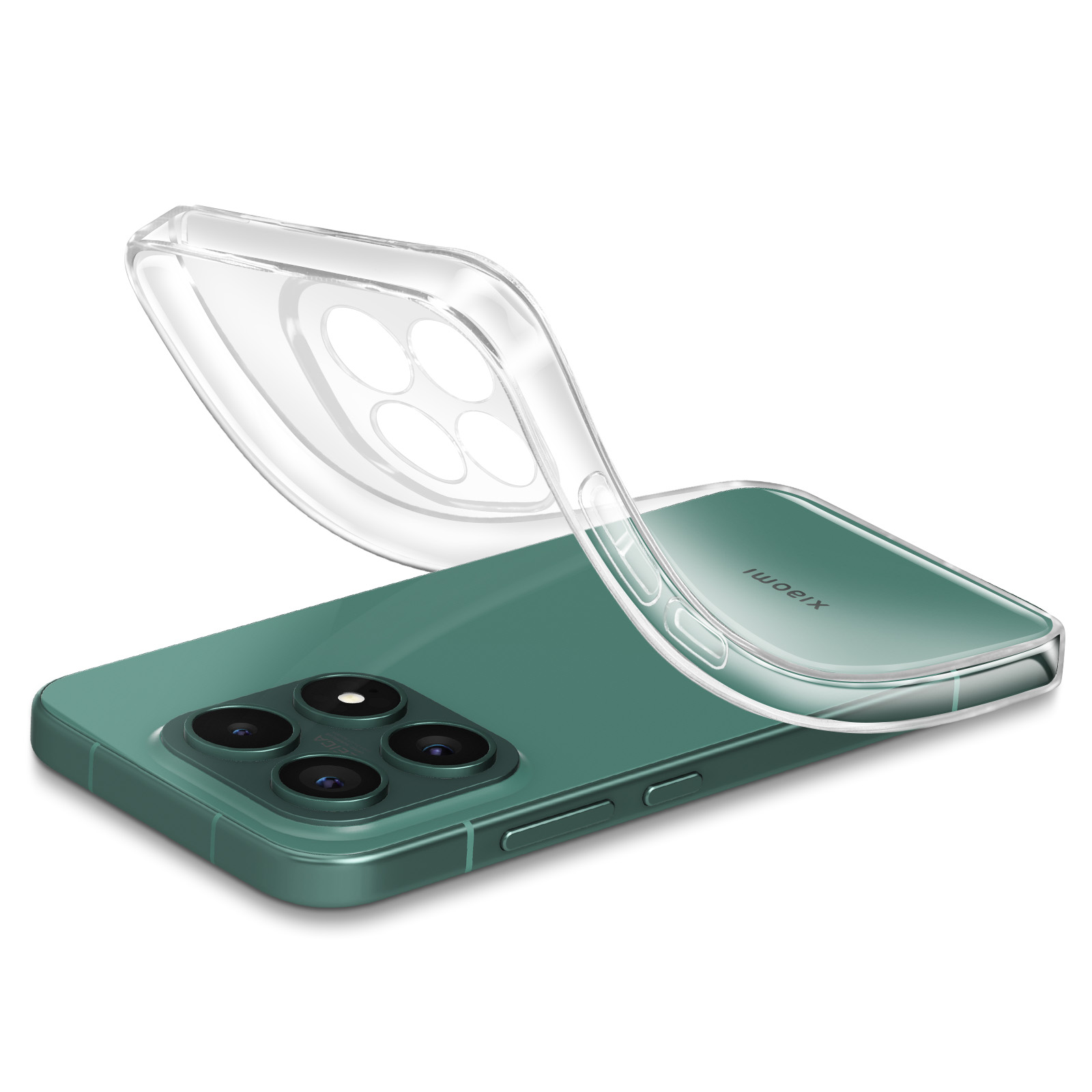 Custodia trasparente su un telefono verde con quattro obiettivi.
