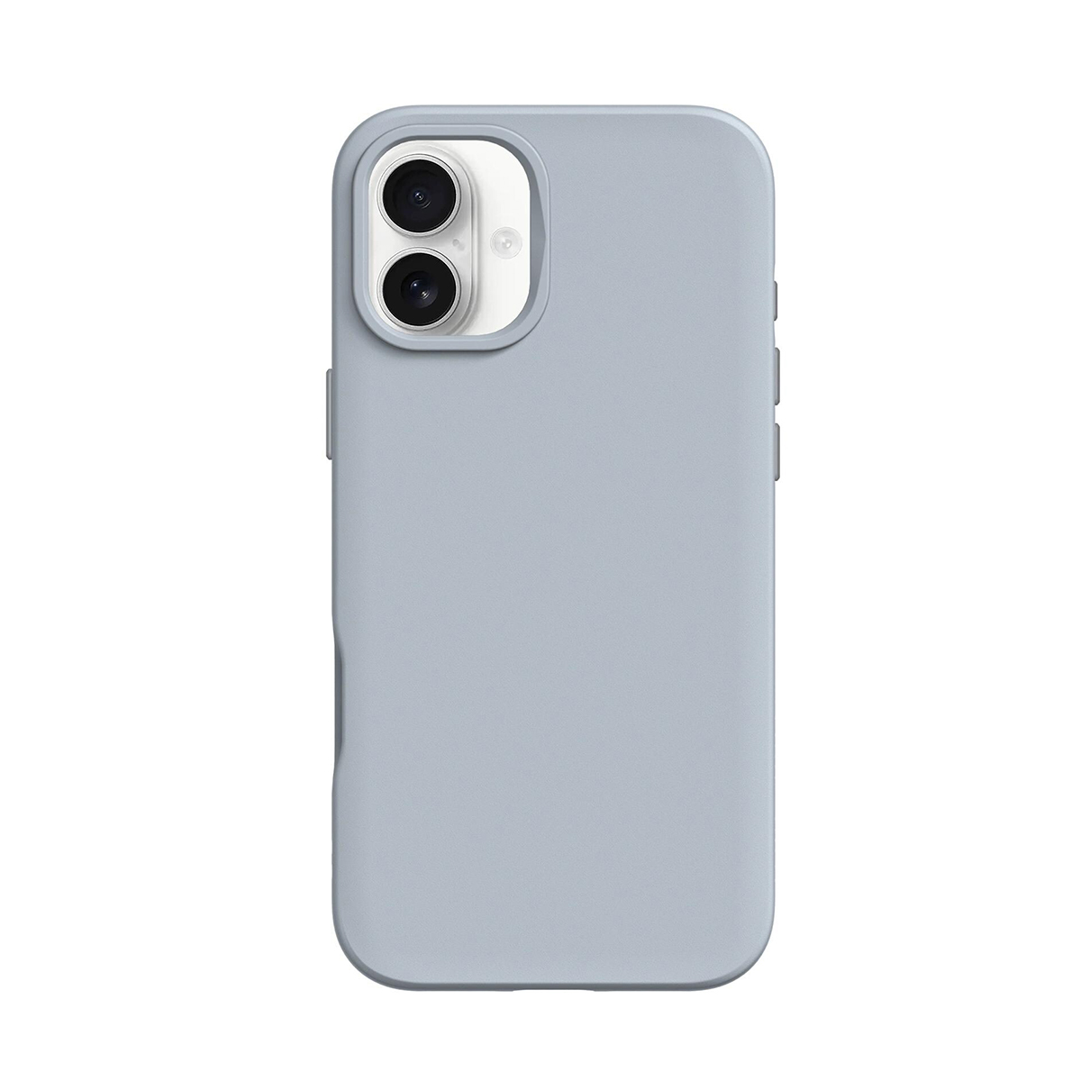 Funda de teléfono gris claro con recorte de doble cámara y botones.