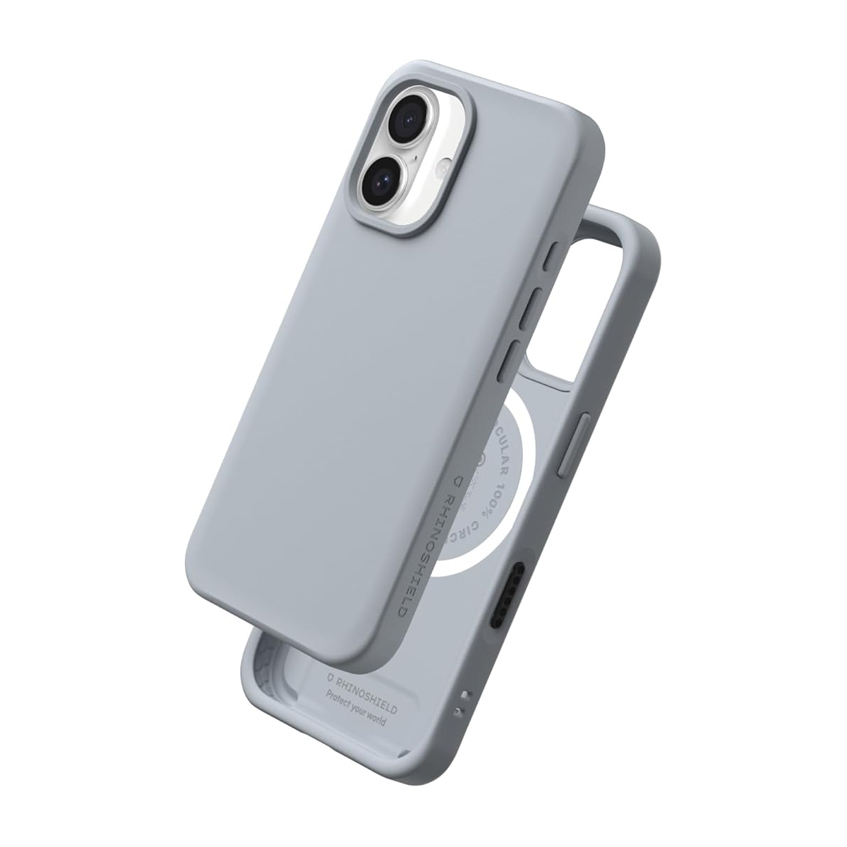 Un juego de fundas grises claras para iPhone, aislado sobre fondo blanco.
