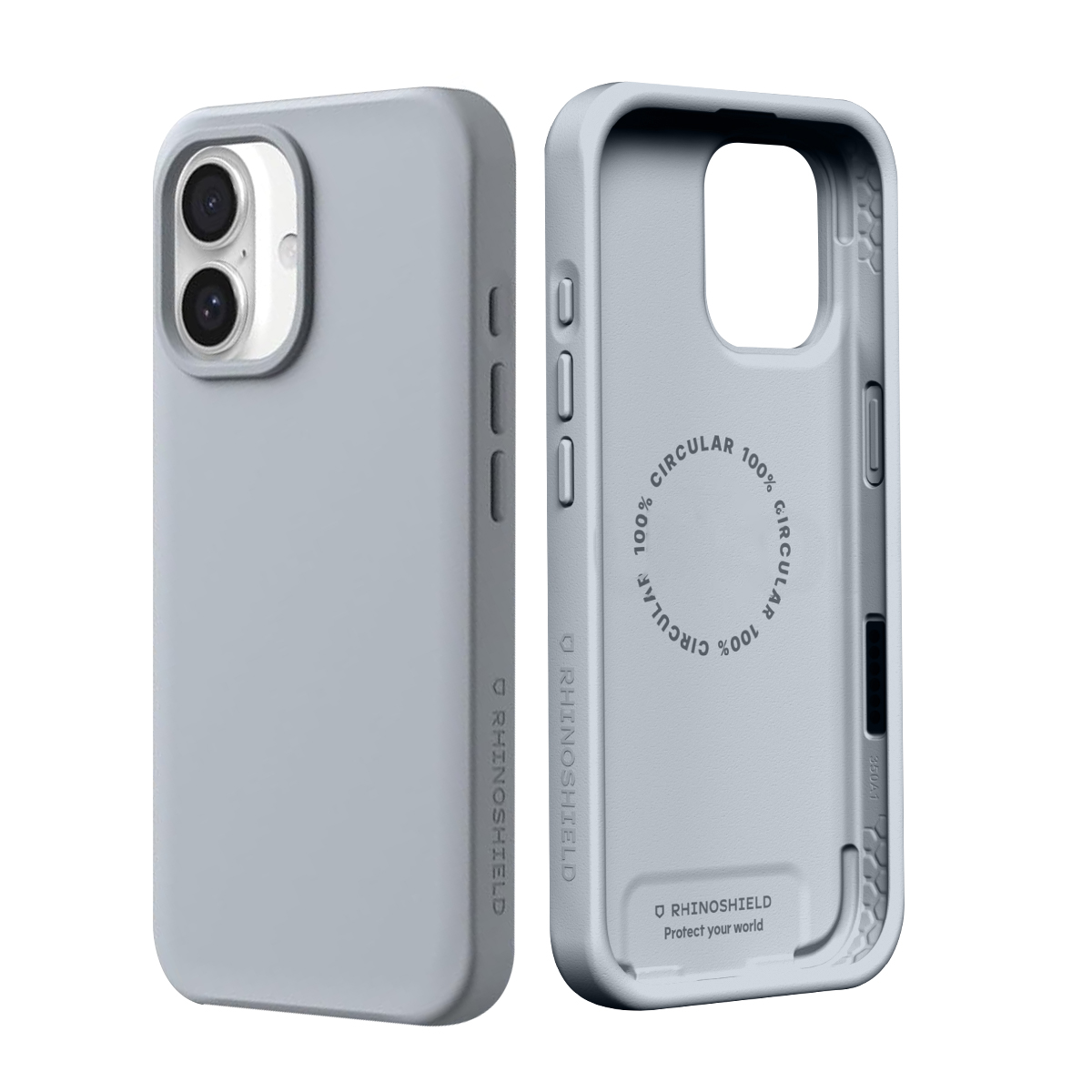 Dos fundas de teléfono grises una al lado de la otra, una exterior, una interior.