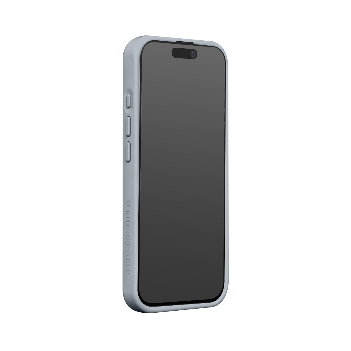 Un smartphone gris claro con funda protectora sobre fondo blanco.