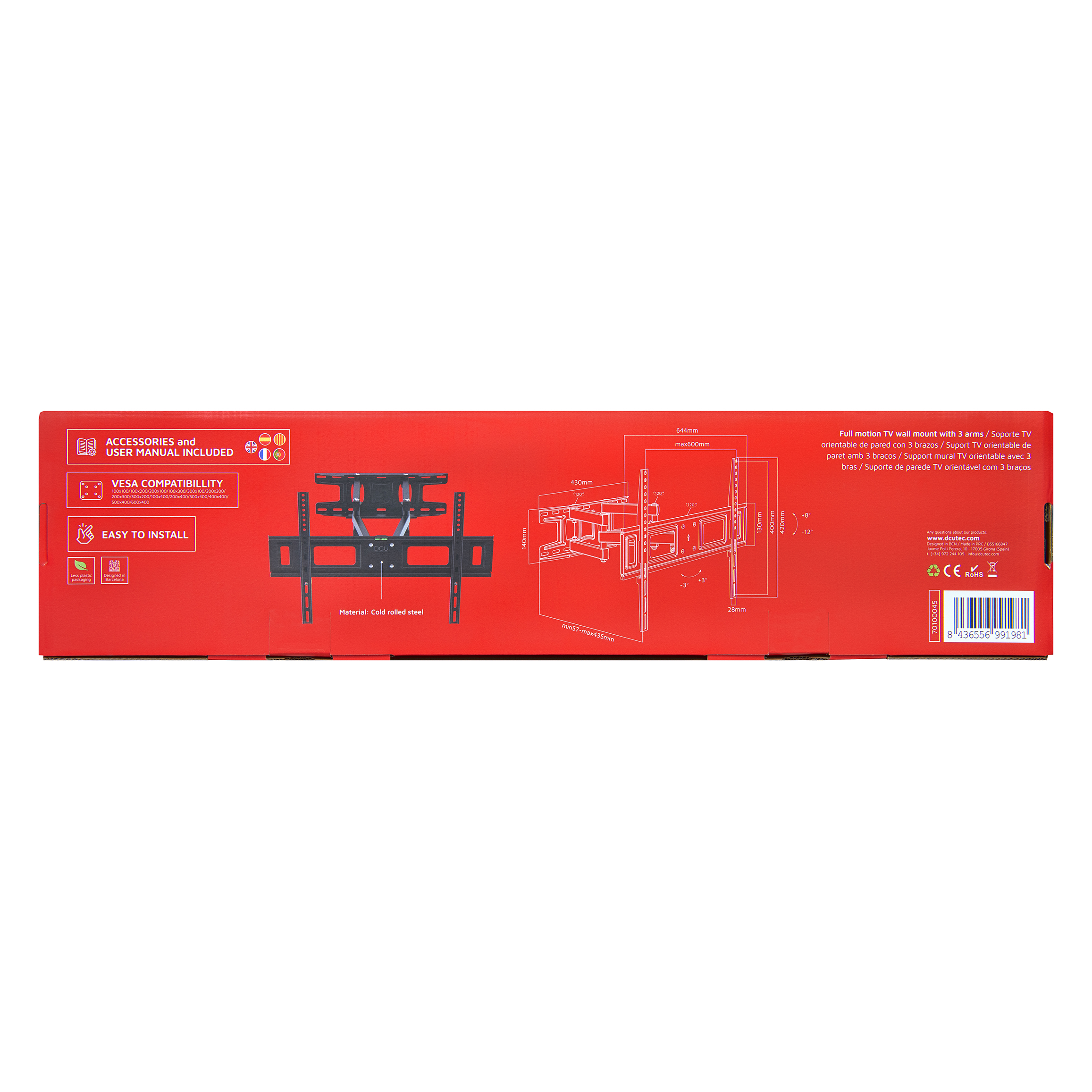 Caja de un soporte de pared para TV con 3 brazos, accesorios y manual.