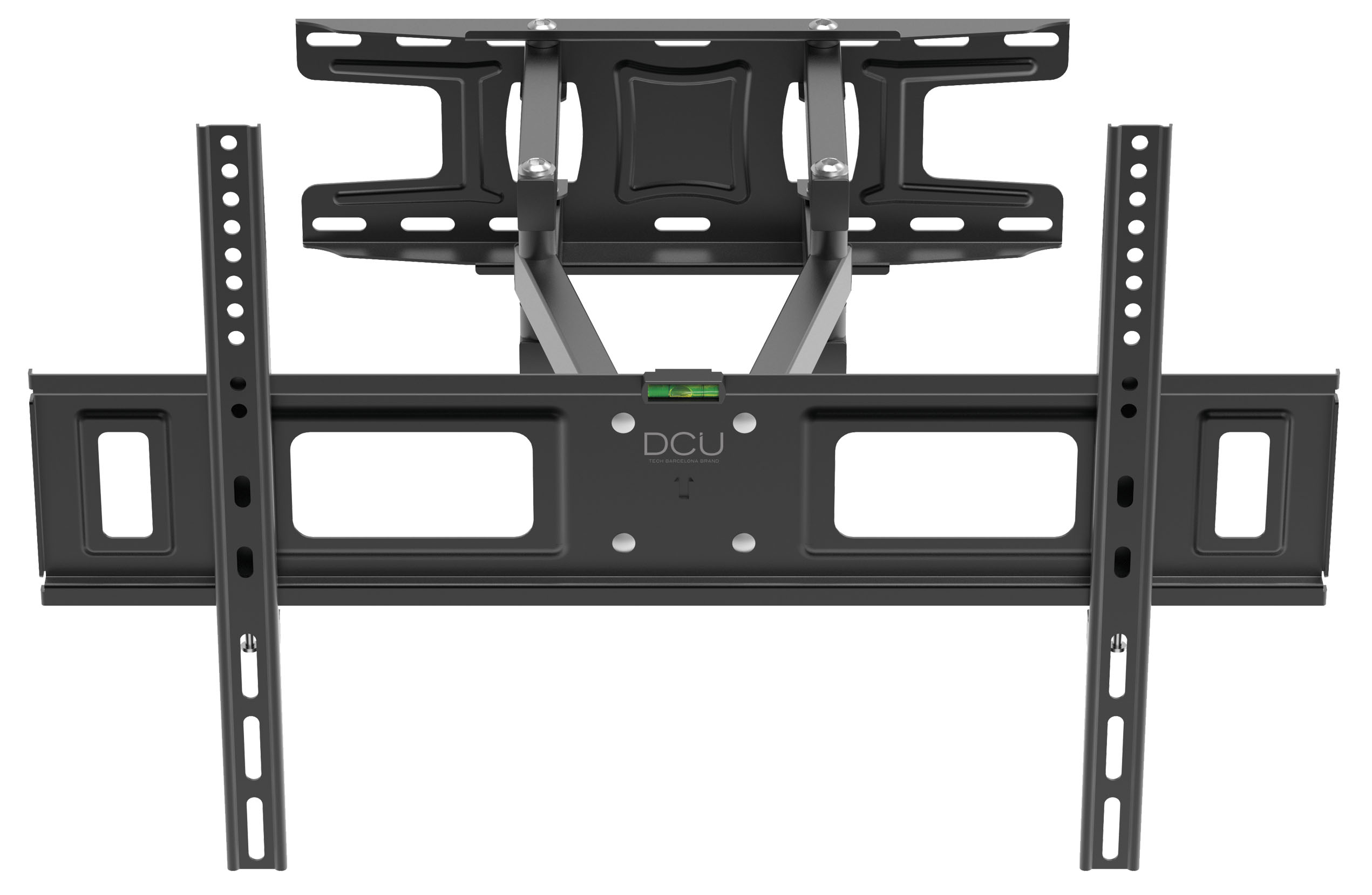 Soporte de pared para TV negro ajustable con nivel integrado y logo DCU.