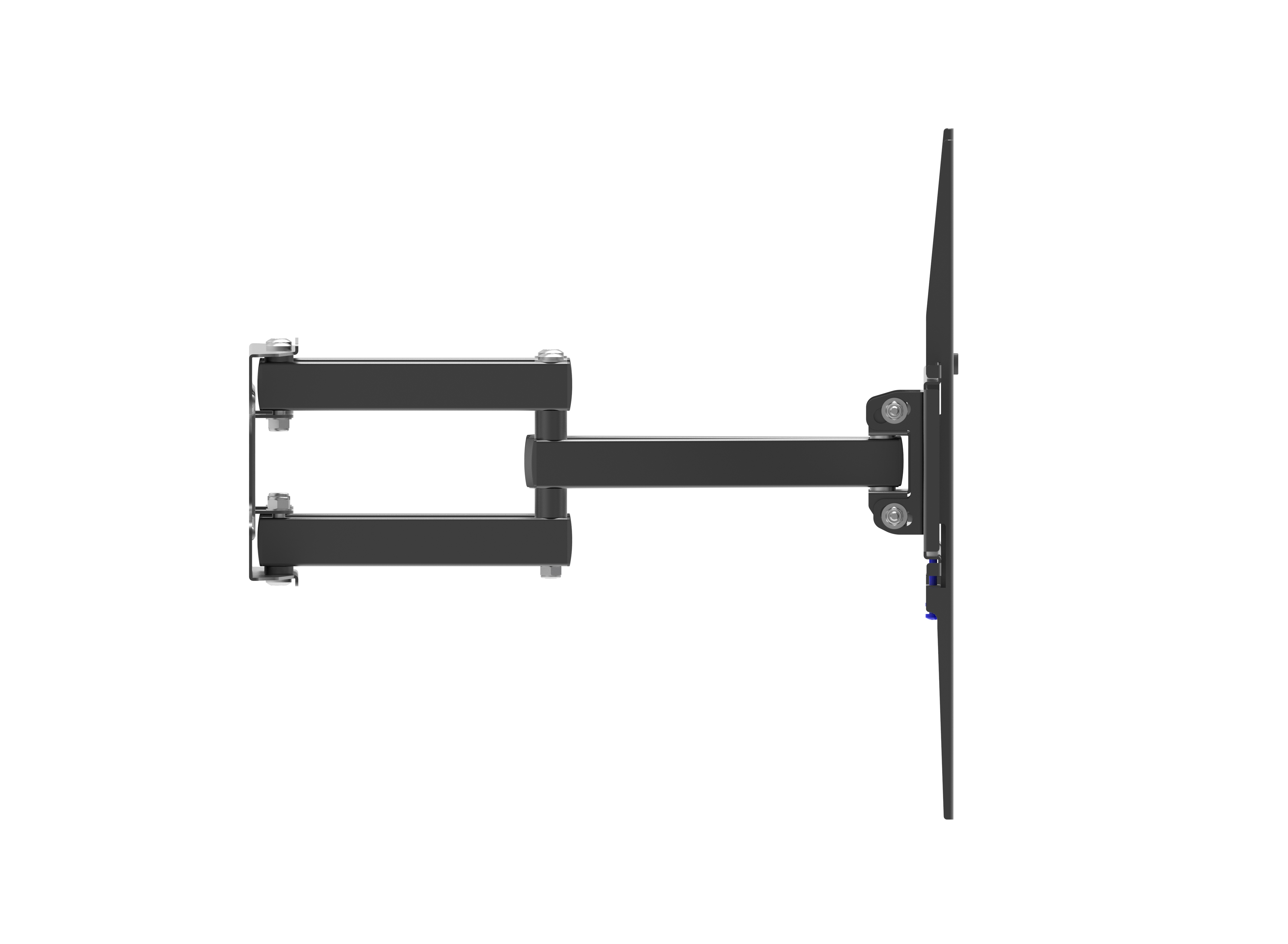 Soporte de pared para TV negro con brazo extensible sobre fondo blanco.